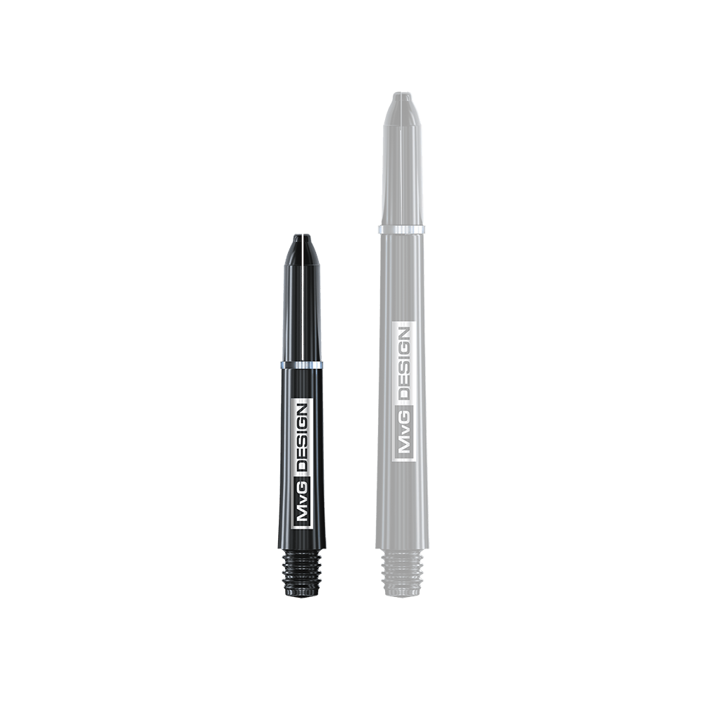 7100_Winmau_MvG_Signature_Black_Nylon_Shafts_35mm_1 Das Bild zeigt zwei schwarze Winmau Nylon Ring Grip MvG Design Shafts in unterschiedlicher Länge. Auf beiden Shafts steht gut sichtbar das Logo "MvG DESIGN".