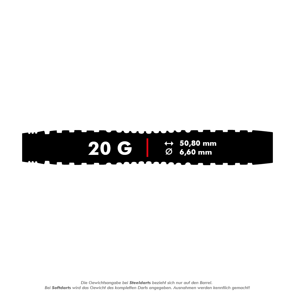 Fléchettes souples Winmau Joe Cullen Rockstar Series RS1 - 20 g Das Bild zeigt die technischen Daten der Winmau Joe Cullen Rockstar Series RS1 Softdarts mit 20 Gramm Gewicht. Die Darts haben eine Länge von 50,80 mm und einen Durchmesser von 6,60 mm.