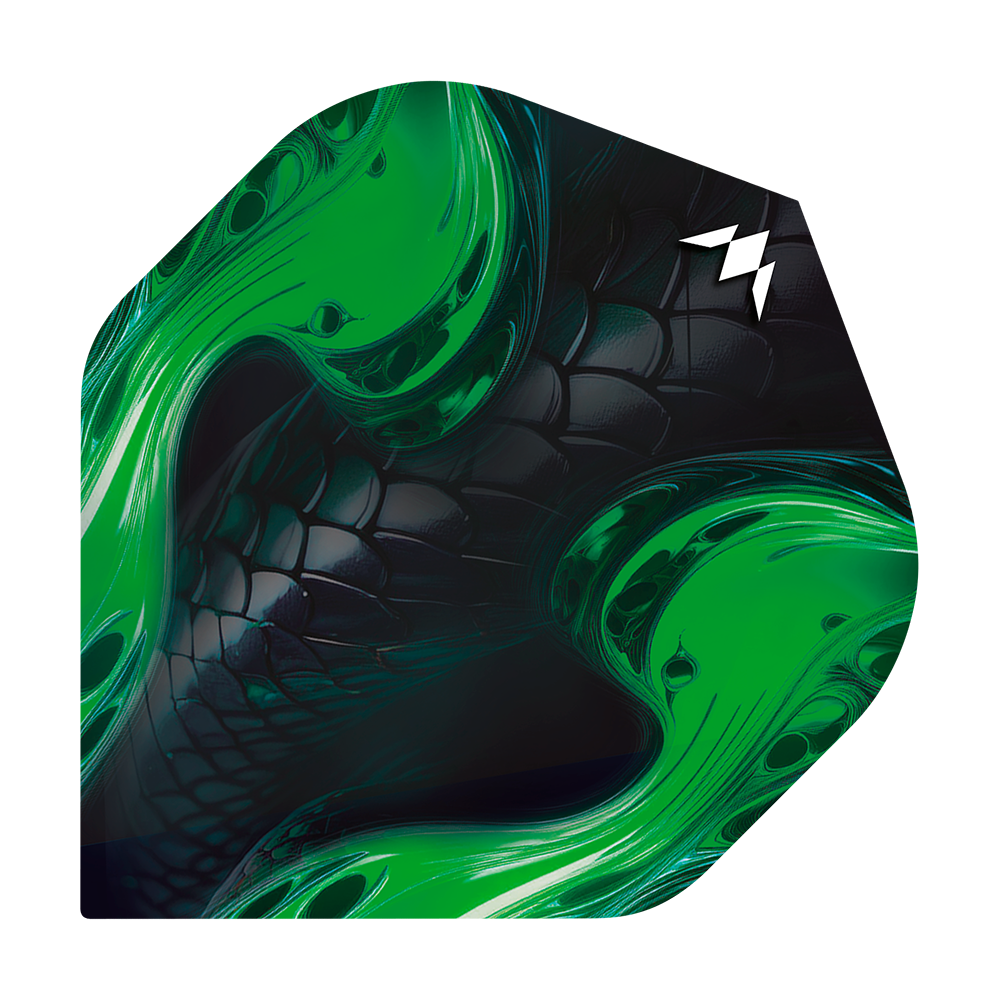 Mission Solo Venom No2 Vols Standard Das Bild zeigt ein Dartflight mit schwarzem, schuppigem Muster und leuchtend grünen Akzenten. In der oberen rechten Ecke befindet sich ein weißes Logo.