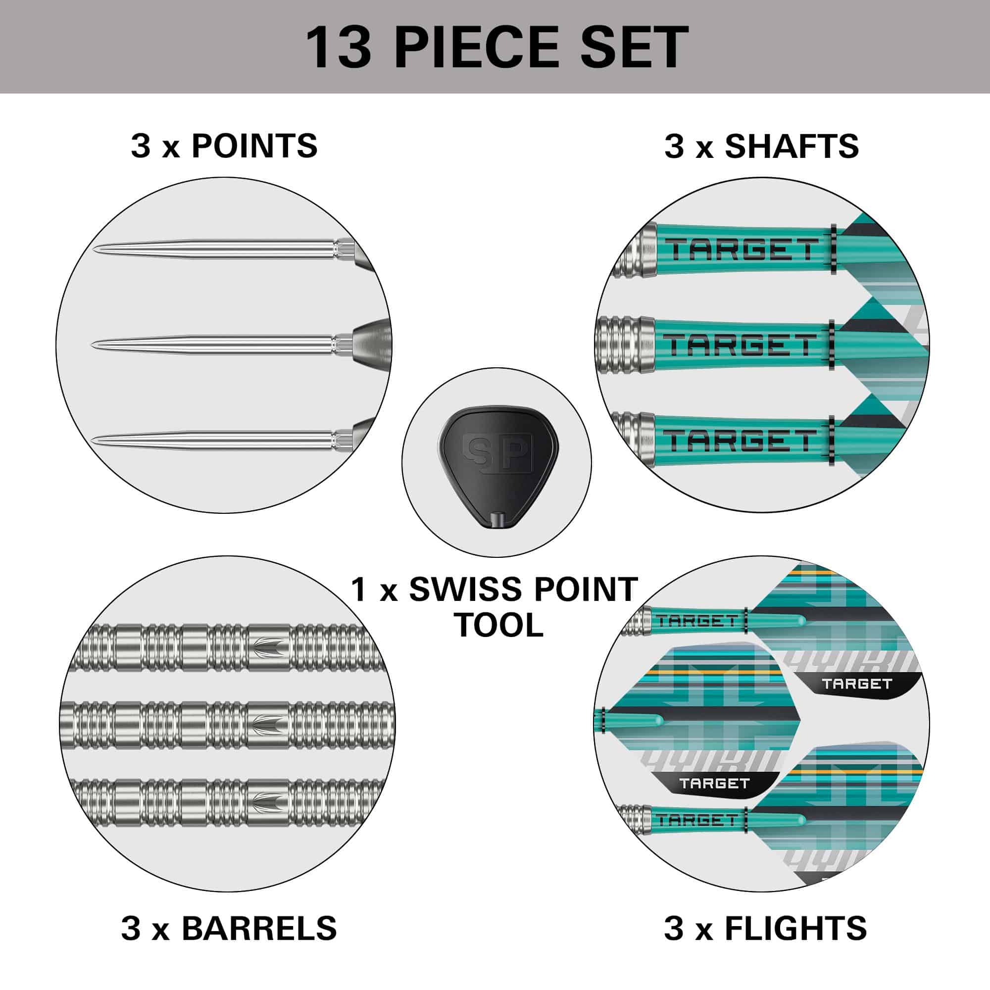 Fléchettes en acier Target Hydro 02 Swiss Point Das Bild zeigt eine Ausführung der Target Hydro 02 Swiss Point Steeldarts. Die Darts sind schlank und für professionelles Spielen geeignet.