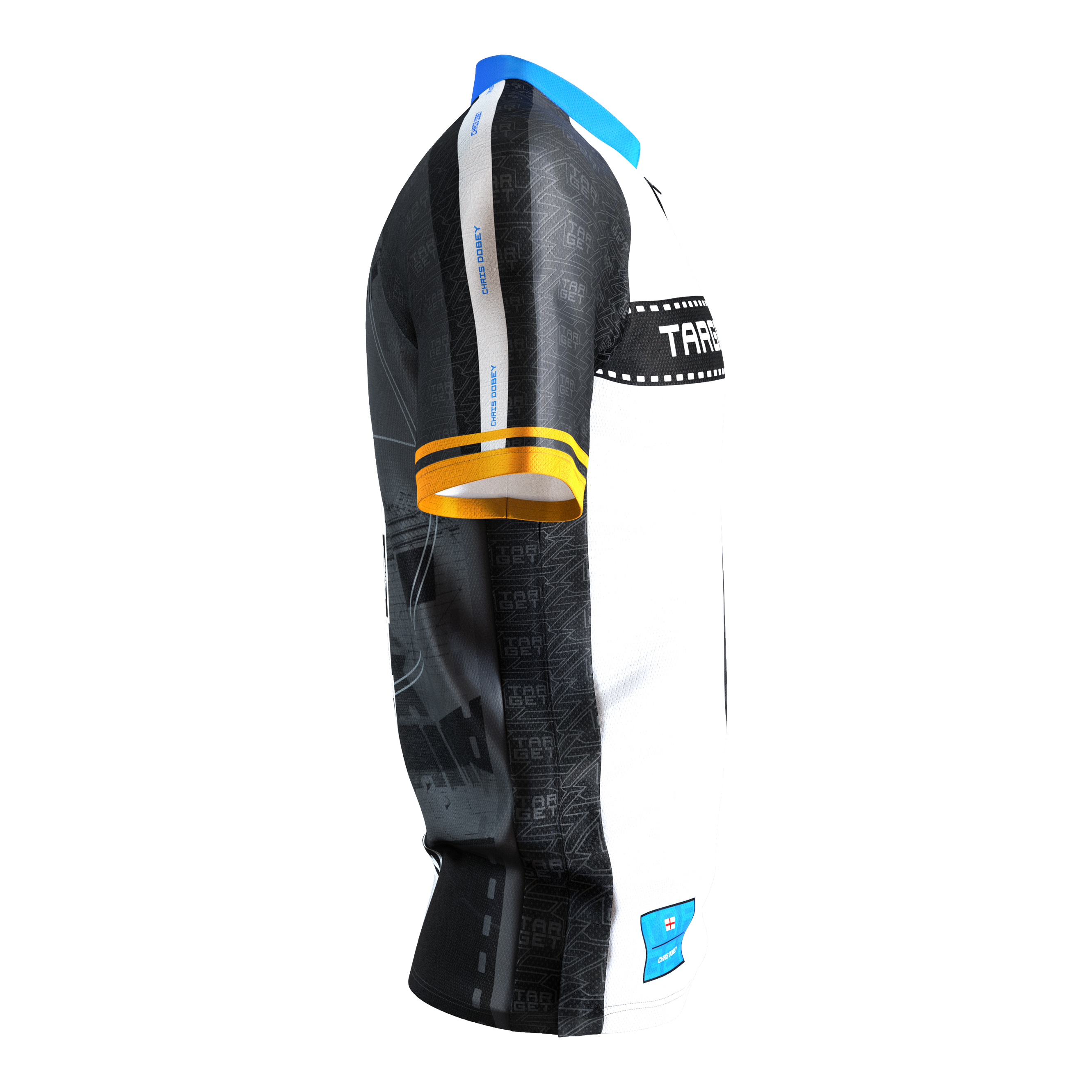 Maillot de fléchettes Target Coolplay Chris Dobey 2025 Das Bild zeigt das "Target Coolplay Chris Dobey 2025 Dartshirt" von der Seite. Das Shirt ist überwiegend weiß und schwarz mit gelben und blauen Akzenten.