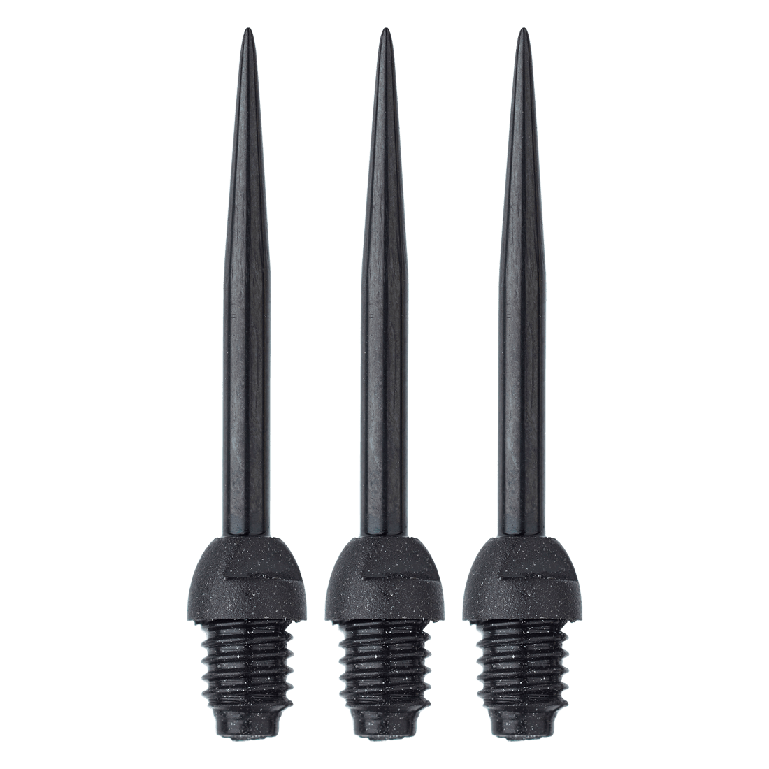 Winmau_Point-Converters Das Bild zeigt drei Winmau Carbon Point Converters, auch Conversion Points genannt. Sie sind schwarze Spitzen mit einem Schraubgewinde am unteren Ende.