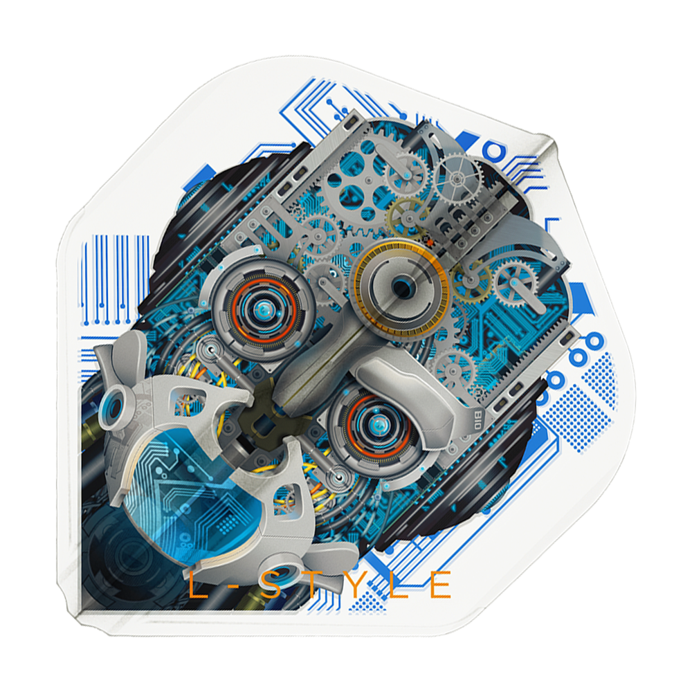Vols L-Style Berry Van Peer V3 Blanc Transparent L1EZ Das Bild zeigt ein Dartflight mit einem detaillierten, mechanischen Roboterkopf auf weißem Hintergrund. Unten ist der Schriftzug "L-STYLE" in orange zu sehen.