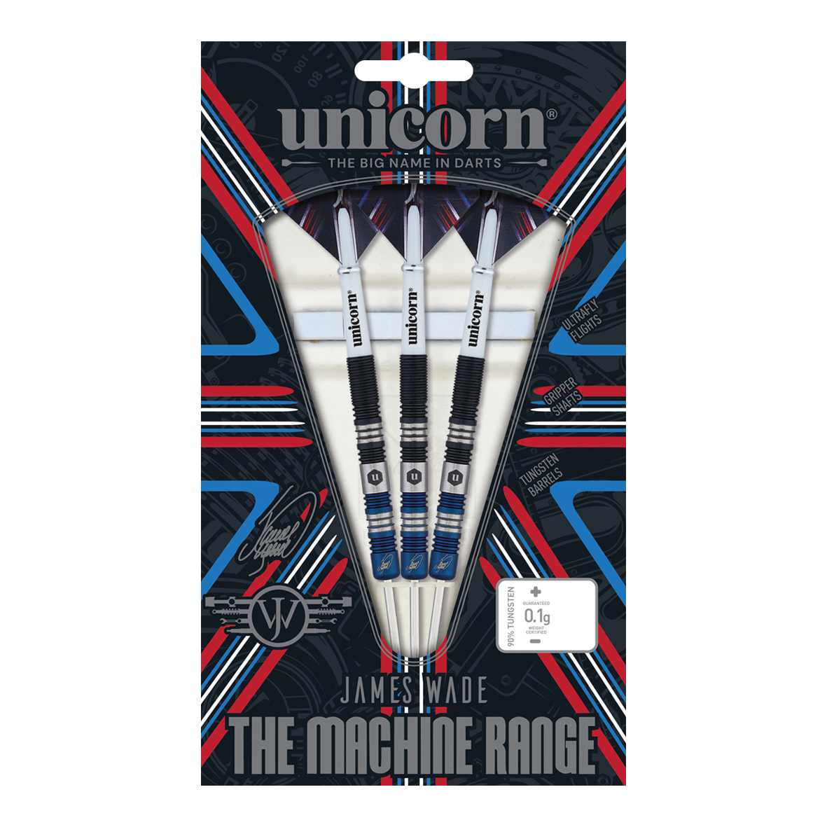 Fléchettes en acier bicolore Unicorn The Machine James Wade Das Bild zeigt eine Packung mit drei Steeldarts der Marke Unicorn aus der "The Machine Range" von James Wade. Die Verpackung ist bunt gestaltet und hebt die Merkmale der Darts wie die Tungsten-Barrels und die spezielle Griffigkeit hervor.
