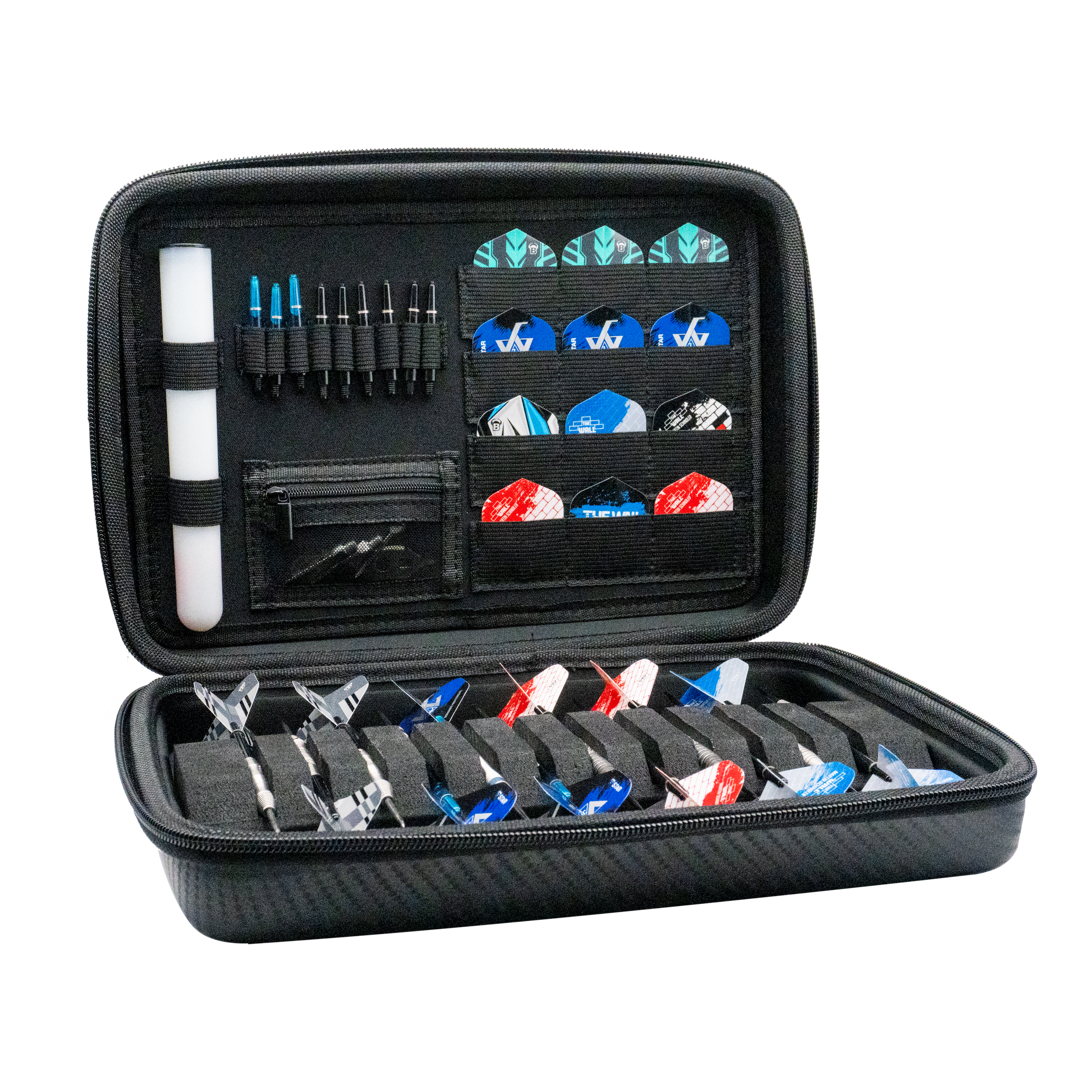 Étui à fléchettes Bulls Orbis XXL - gris carbone Das Bild zeigt das Bulls Orbis XXL Dartcase in Carbongrey, geöffnet mit verschiedenen Darts und Zubehör ordentlich einsortiert. Das Etui bietet viel Platz für Darts, Flights und weiteres Zubehör.