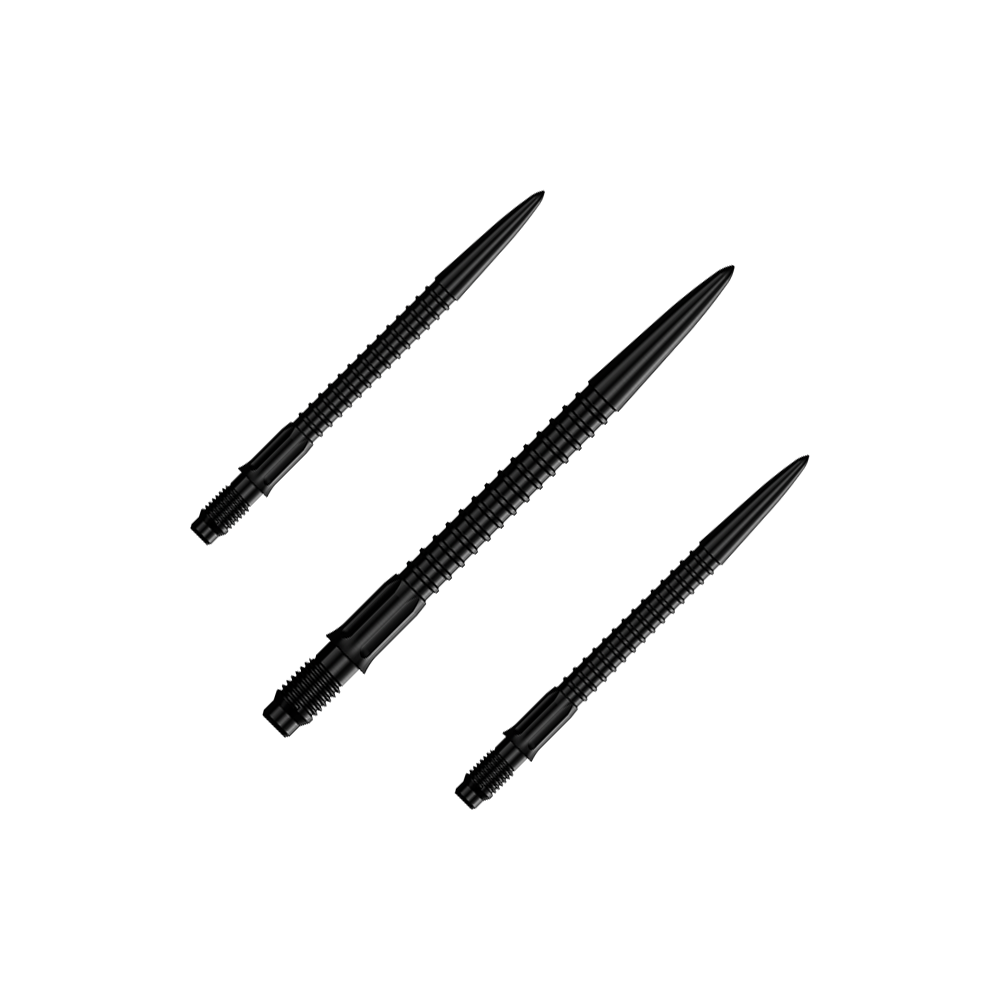 Pointes de fléchettes Mission R2.5 Rapid Point GV1 - Noires Ein Set schwarzer Dartspitzen ist abgebildet. Die Spitzen sind für Darts und 30 mm lang.