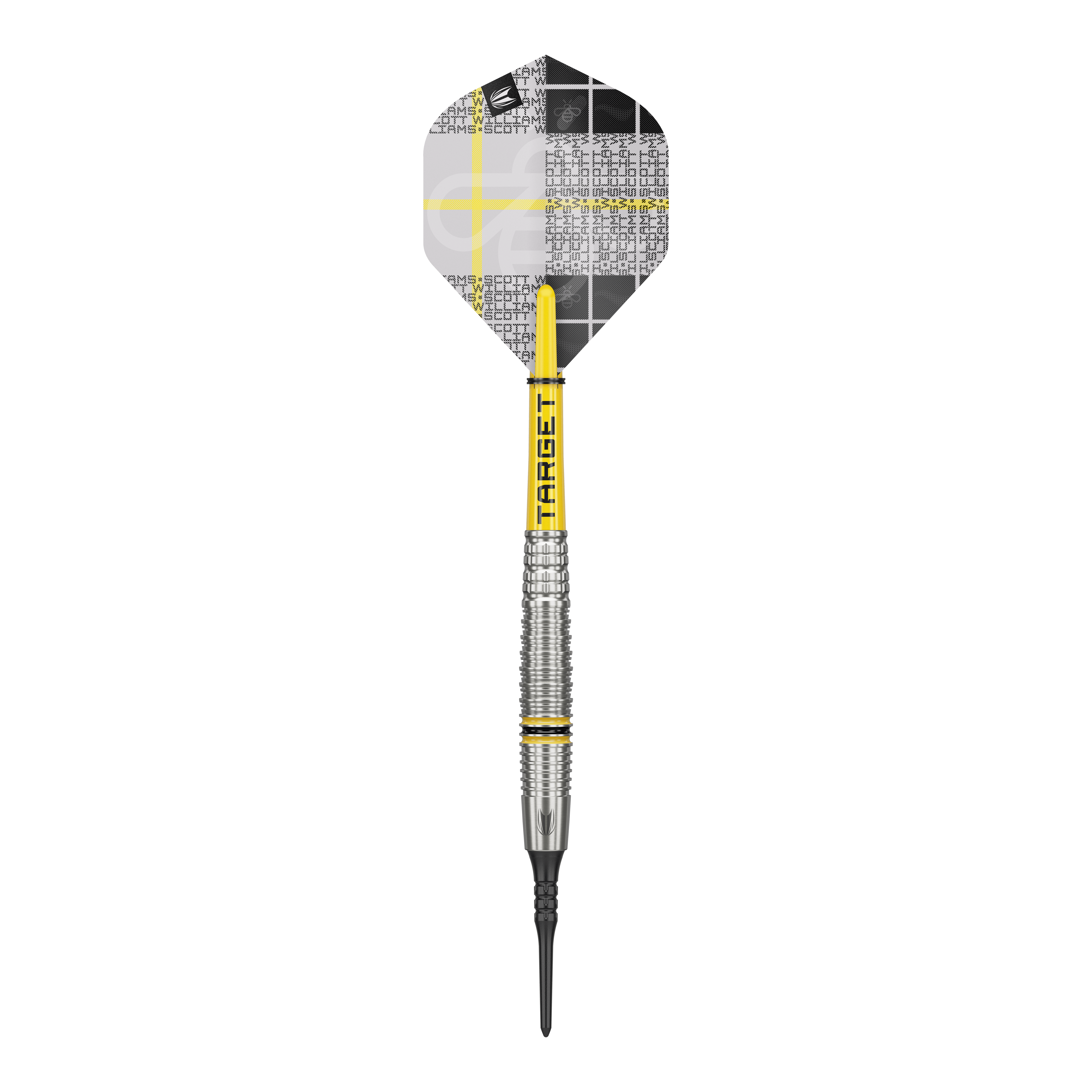 Fléchettes souples Target Scott Williams GEN2 - 18 g Das Bild zeigt einen Target Scott Williams GEN2 Softdart mit einem Gewicht von 18g. Der Dart hat gelbe Akzente und ein modernes, silberfarbenes Barrel-Design.