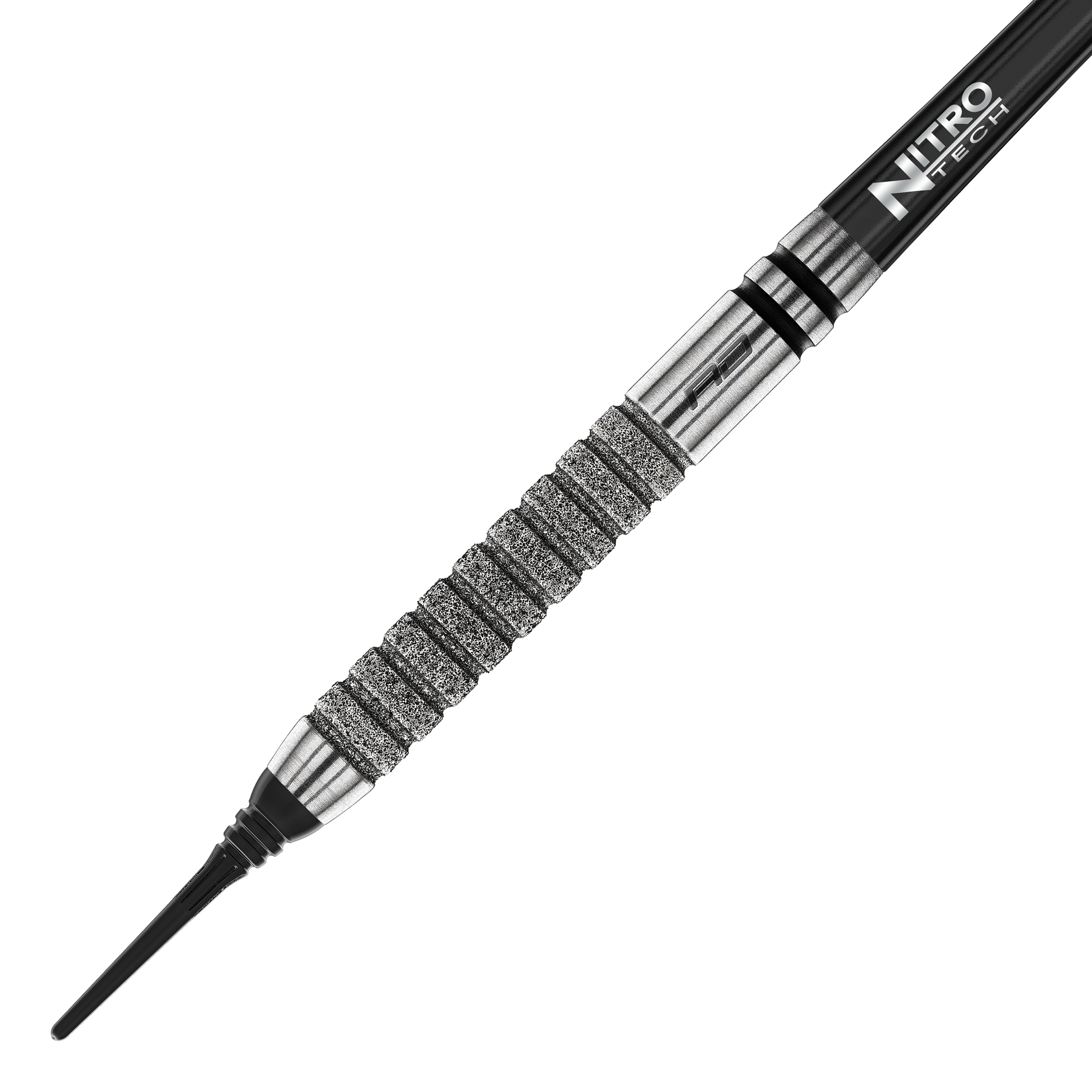 Fléchettes souples Red Dragon Gian Van Veen Tour Edition - 20 g Das Bild zeigt einen Red Dragon Gian Van Veen Tour Edition Softdart mit einem Gewicht von 20g. Der Dartpfeil hat eine silberne, stark gerillte Griffzone und einen schwarzen Schaft mit der Aufschrift "Nitro Tech".