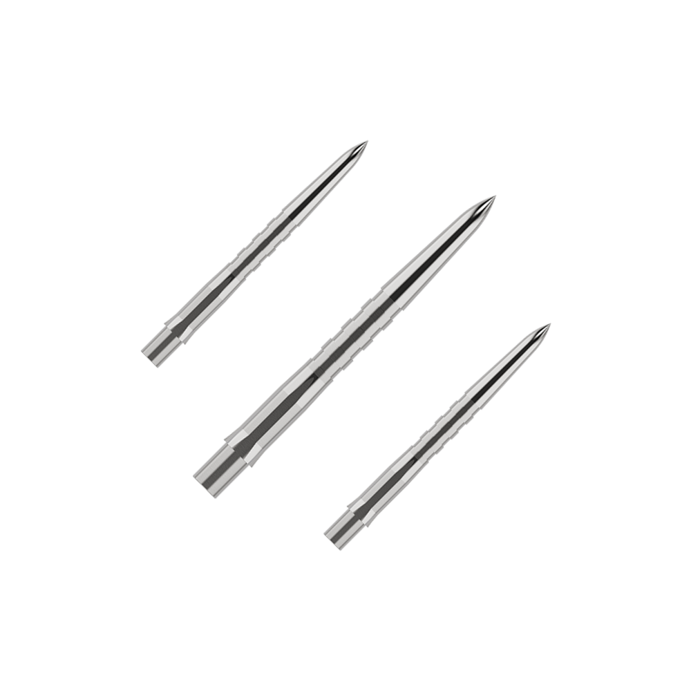 Embouts de fléchettes Mission Caliburn EVO - Rainurés - Argent Das Bild zeigt drei silberne, gerillte Spitzen für Steeldarts. Sie liegen nebeneinander auf einem grünen Hintergrund.