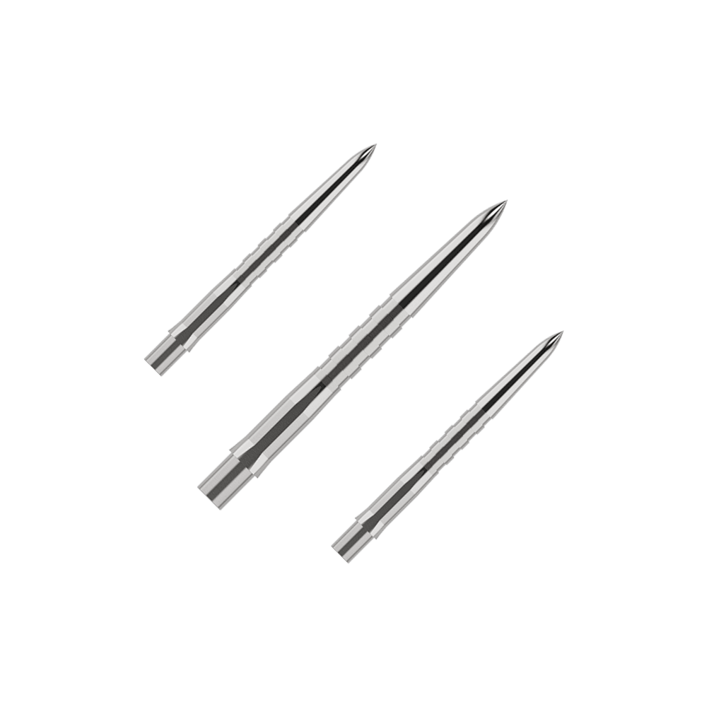 Embouts de fléchettes Mission Caliburn EVO - Rainurés - Argent Das Bild zeigt die Mission Caliburn EVO Dartspitzen - Grooved - Silber - X 2981. Dies sind strukturierte Dartspitzen für Steeldarts.