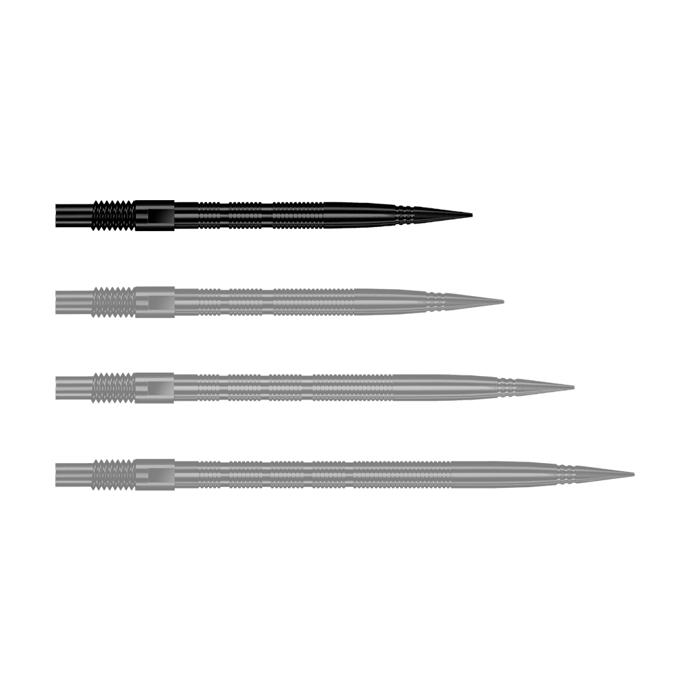 Pointes de fléchettes Harrows Quick Point Micro Ridge - Noires Zu sehen ist eine einzelne schwarze Dartspitze mit Rillenmuster. Dieses Produkt ist als Ersatzspitze für Dartpfeile gedacht.
