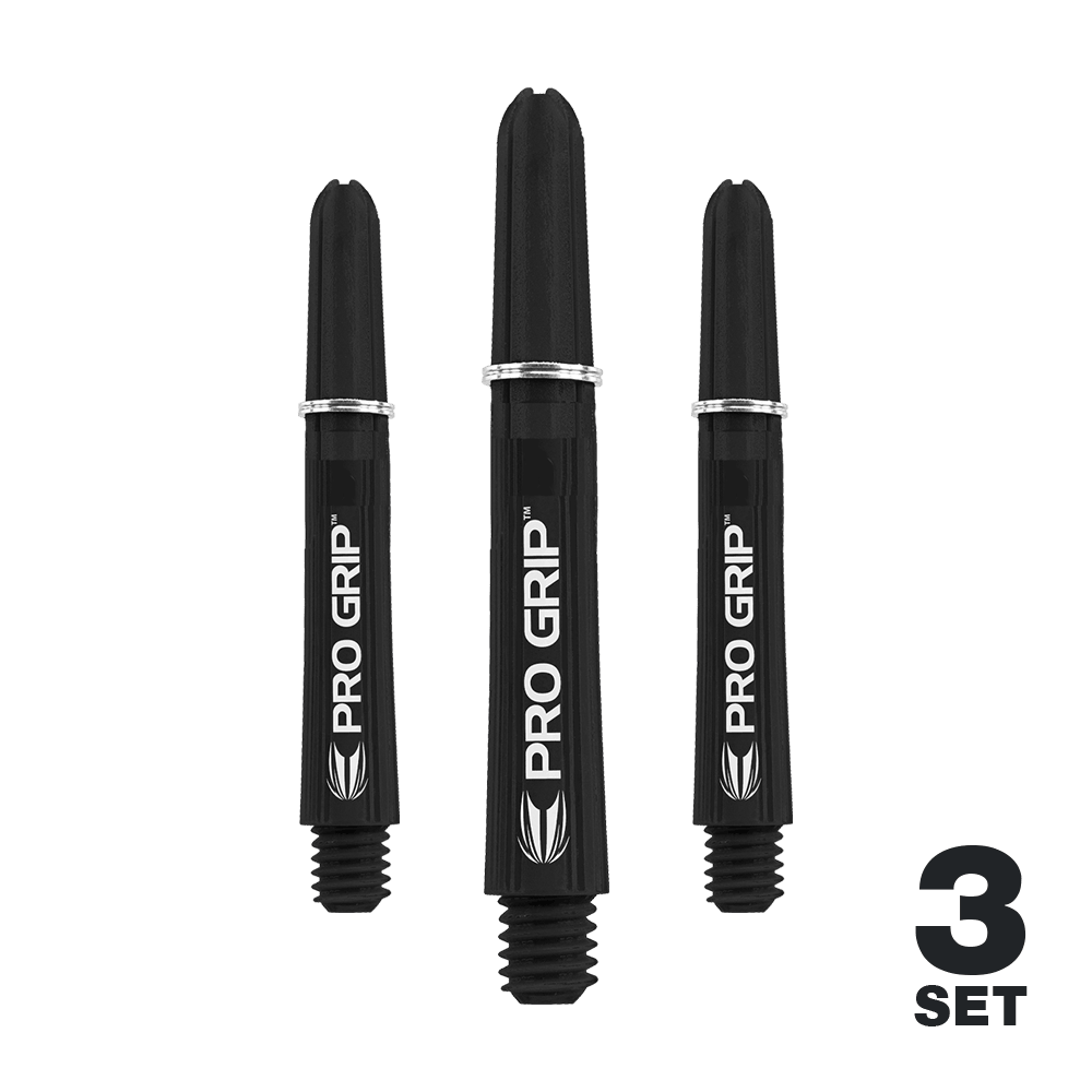 Das Bild zeigt drei schwarze Dart-Schäfte mit der Aufschrift "PRO GRIP". In der rechten unteren Ecke steht "3 SET".