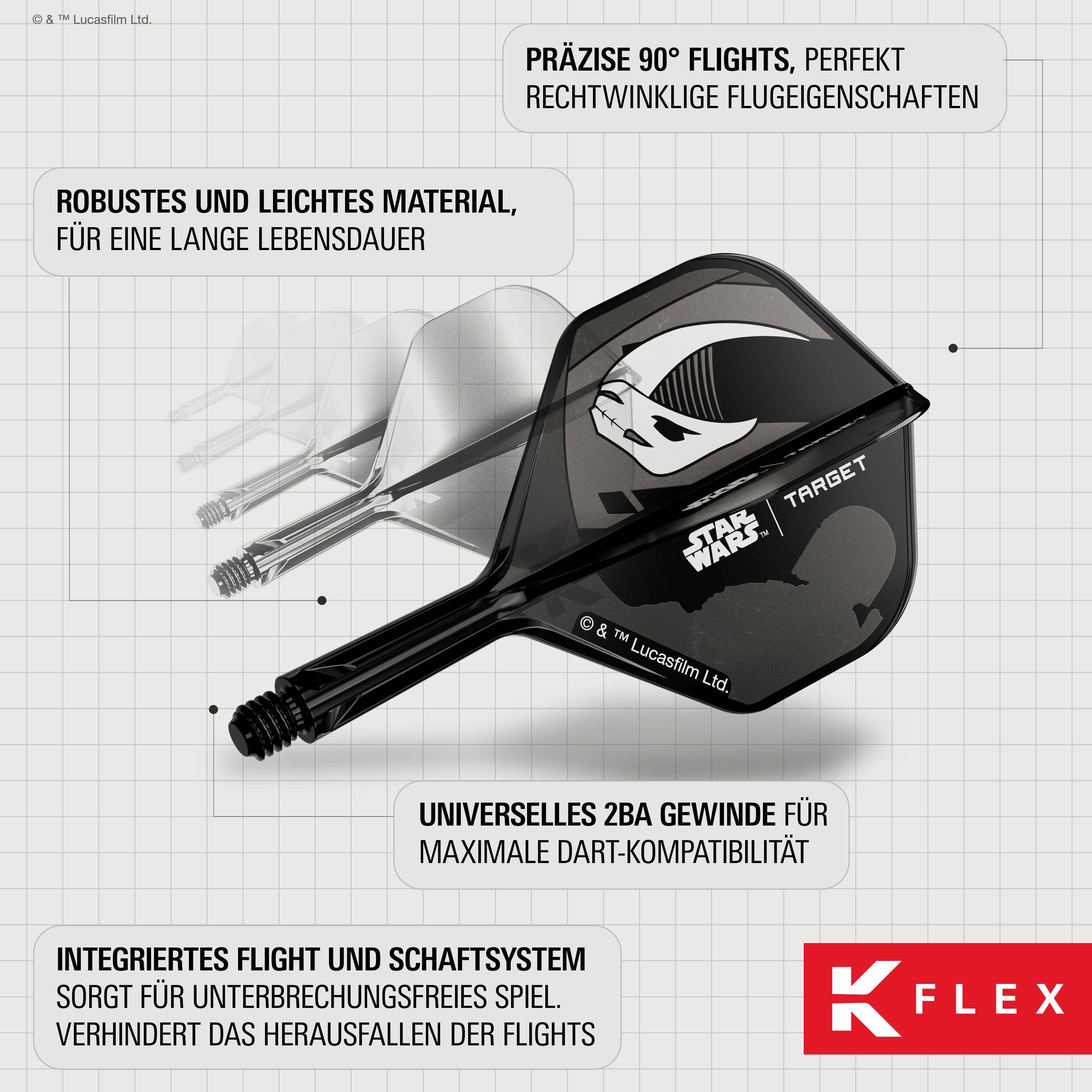 Coffret Target Star Wars K-Flex Mandalorian n°2 Vols standards Abgebildet ist das Target Star Wars K-Flex-Set Mandalorian No2 Standard Flights. Die Flights sind im Mandalorian-Stil gestaltet und eignen sich für Star Wars Fans.