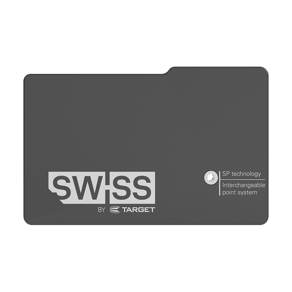 119648_Target_Swiss_Point_Safe_4 Das Bild zeigt das Produkt "Target Swiss Point Safe". Es handelt sich um ein schwarzes Etui mit der Aufschrift "Swiss by Target" und dem Hinweis auf eine austauschbare Spitzen-Technologie.