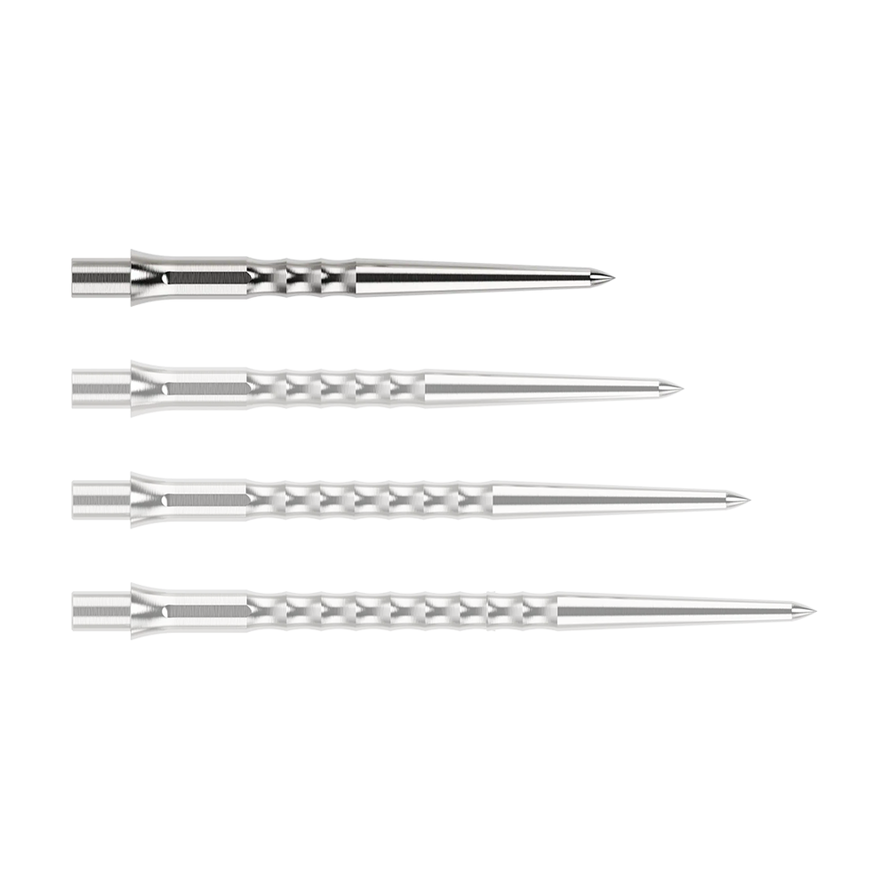 Pointes de fléchettes en acier Caliburn System - Ripple - NoLip - argent Abgebildet ist eine silberne Steeldartspitze des Typs Ripple NoLip mit 28mm Länge. Die Spitze liegt frontal auf einer hellen Fläche.