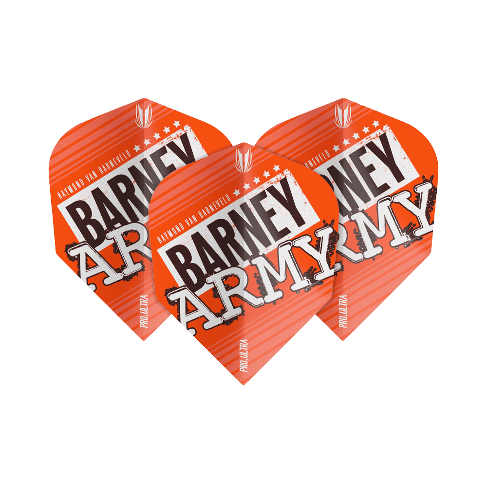 Das Bild zeigt drei orangefarbene Dart-Flights mit der Aufschrift "BARNEY ARMY". Sie gehören zur Produktreihe "Target ProUltra Barney Army Orange Ten-X Flights".