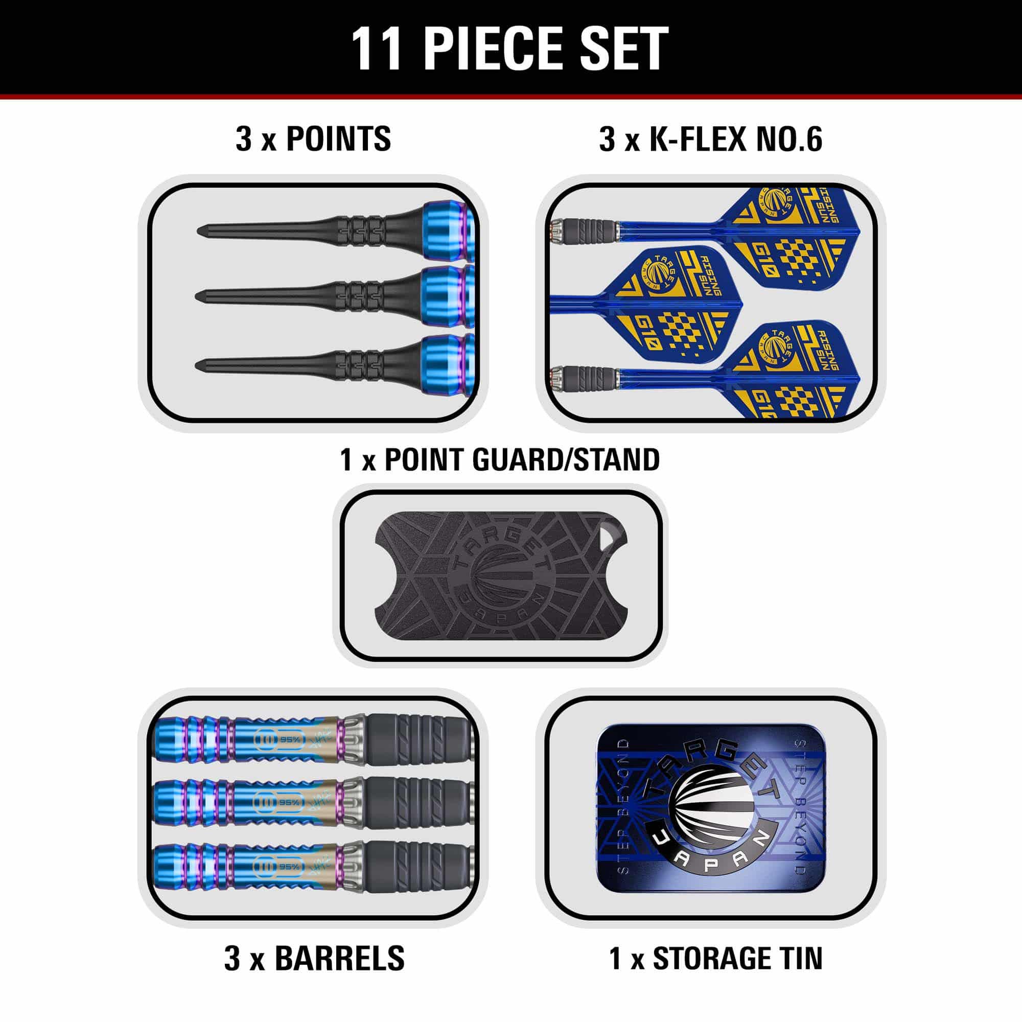 Das Produkt Target Japan Rising Sun GEN10 Softdarts - 21,5g wird dargestellt. Es handelt sich um ein Set professioneller Softdarts.