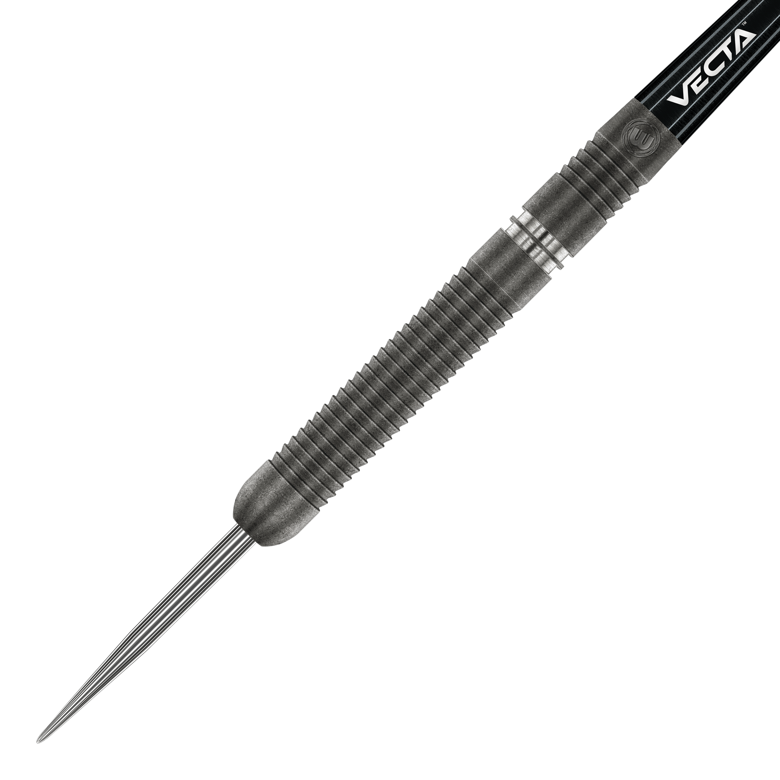Fléchettes en acier Winmau Callisto 01 Das Bild zeigt einen Winmau Callisto 01 Steeldart. Der Dartpfeil hat einen geriffelten, metallischen Körper und eine spitze Stahlspitze.