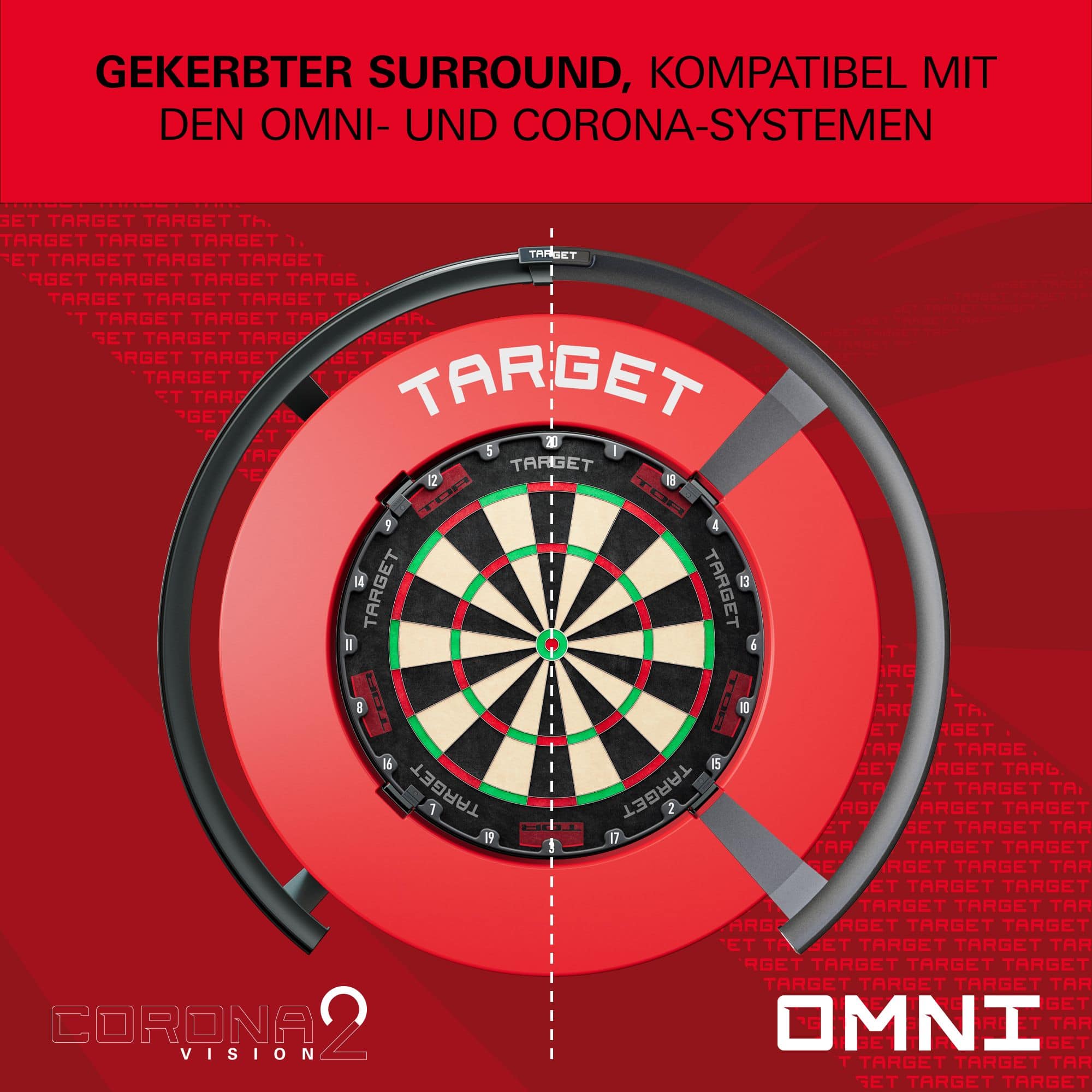 Target à encoches pour fléchettes Eine Nahaufnahme einer roten Dartboard-Umrandung wird präsentiert. Die Farbe ist kräftig.