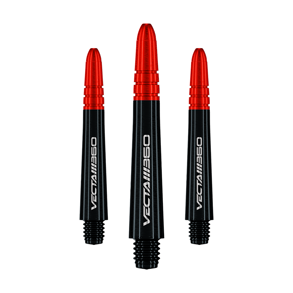 Manche Winmau Vecta Blade 360 - Noir Zu sehen ist ein Satz Winmau Vecta Blade360 Shafts in Schwarz mit 40 mm Länge. Die Shafts sind nebeneinander aufgestellt.