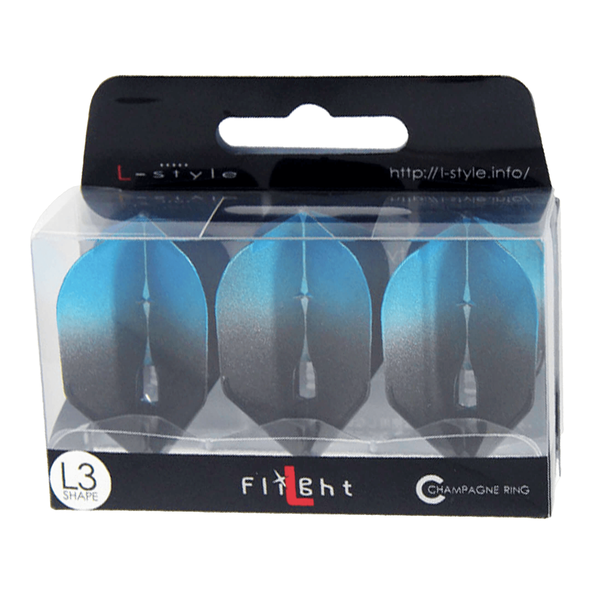 Vols L3PRO bicolores de style L Die Verpackung zeigt drei blaue Dartflights der Marke L-style. Auf der Schachtel steht "L3 Shape" und "Champagne Ring".