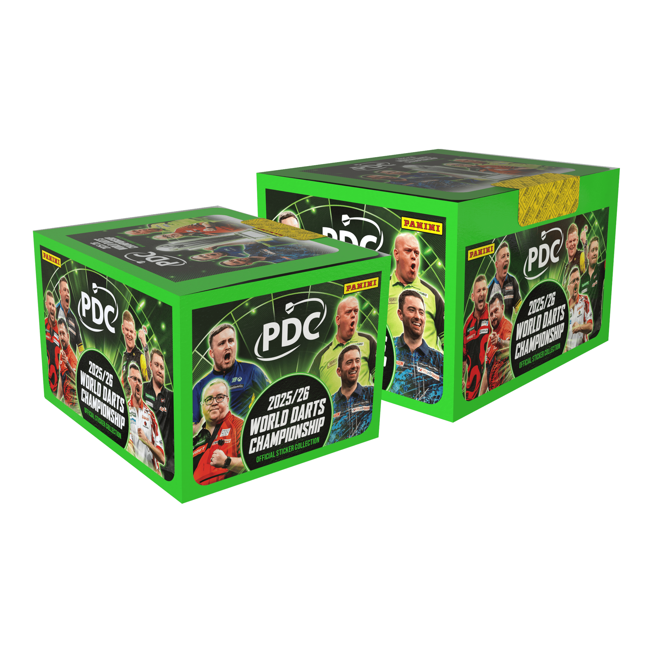 Das Bild stellt das Panini PDC World Darts Championship 2025/26 Hardcover Mega Bundle mit zwei Stickerboxen dar. Es bietet ein Hardcover-Sammelalbum und zwei Stickerboxen zum Sammeln.