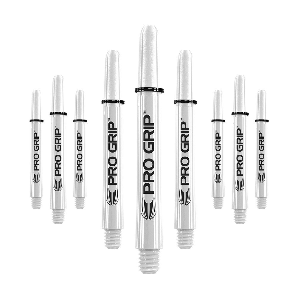 Tiges Target Pro Grip - 3 jeux - Blanc Das Bild zeigt mehrere weiße Dartschäfte mit der Aufschrift "PRO GRIP". Sie sind in drei Reihen angeordnet und haben schwarze Ringe an der Oberseite.