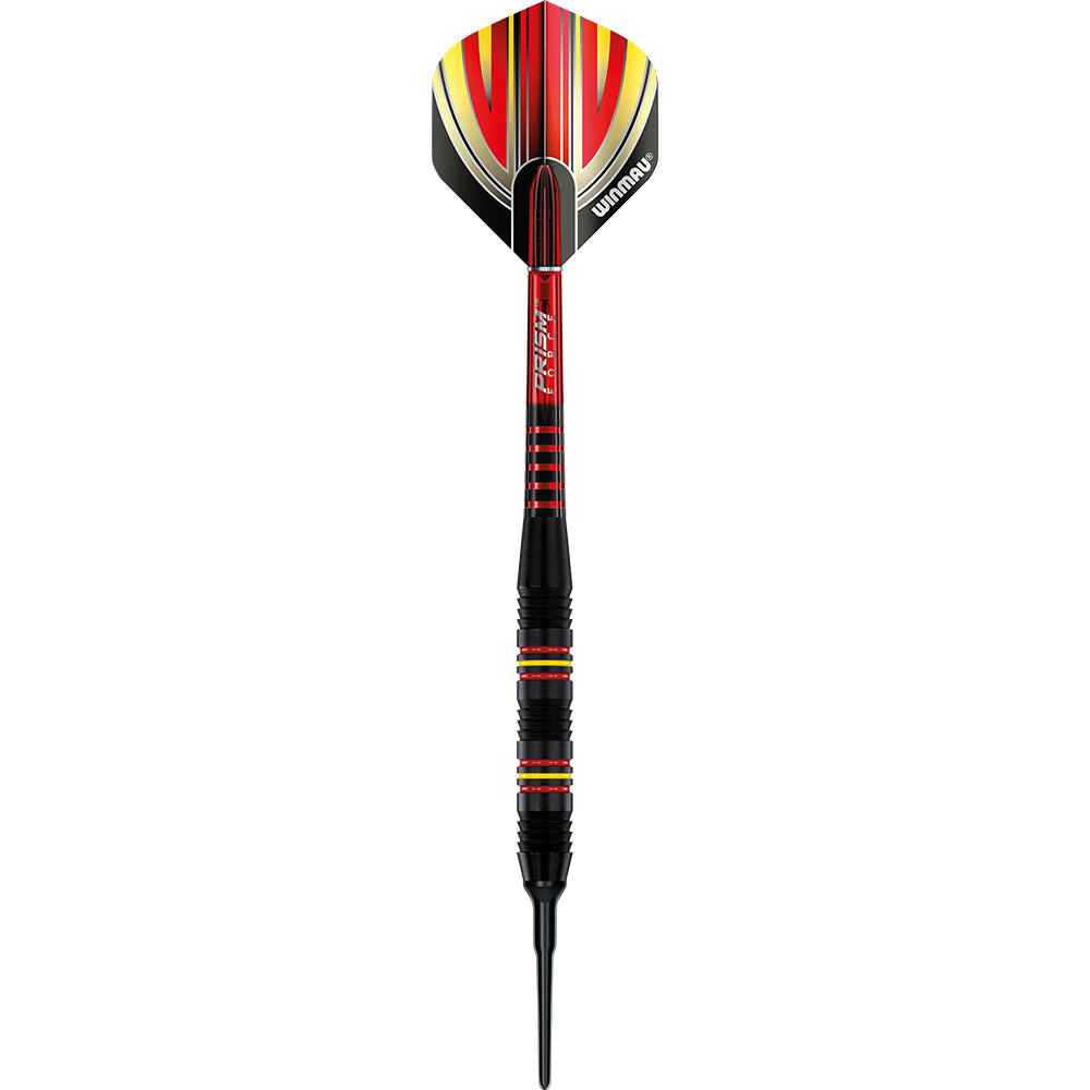 Auf dem Bild ist ein Winmau Outrage V2 Black Coated Brass Softdart mit einem Gewicht von 18g zu sehen. Der Dart ist schwarz mit roten und gelben Akzenten gestaltet.