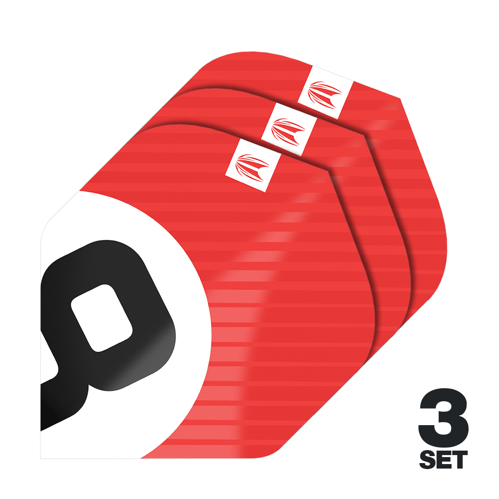 Das Bild zeigt drei Sätze der Target Pro Ultra Chicane Red No2 Standard Flights. Die Flights sind überwiegend rot mit einem weißen und schwarzen Design und werden als 3er-Set angeboten.