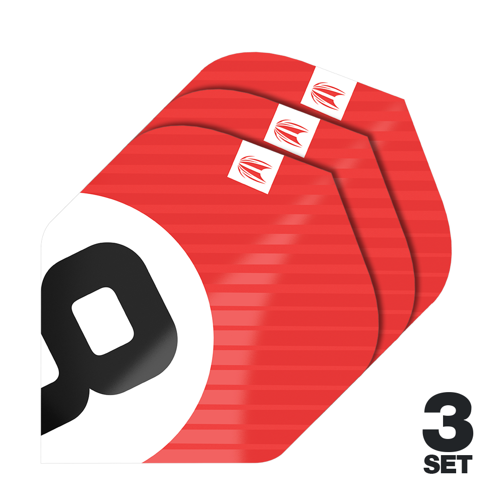 Ailettes Standard Target Pro Ultra Chicane Rouge No2 - 3 jeux Das Bild zeigt drei Sätze der Target Pro Ultra Chicane Red No2 Standard Flights. Die Flights sind überwiegend rot mit einem weißen und schwarzen Design und werden als 3er-Set angeboten.