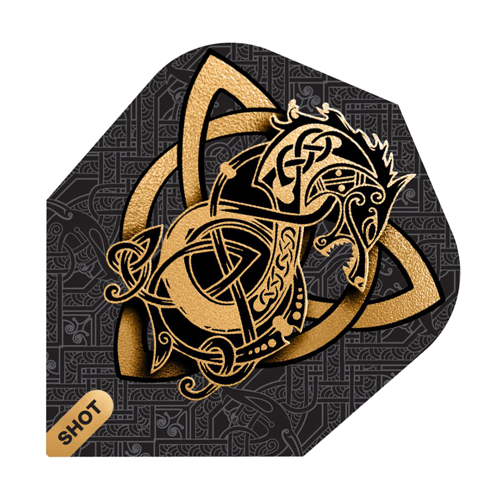 Vols Shot Viking Wolf n° 6 Das Bild zeigt das Produkt "Shot Viking Wolf No6 Flights" mit einem goldenen Wikinger-Wolf Design auf schwarzem Hintergrund. Im Hintergrund sind feine, keltische Muster zu sehen und unten links steht das Wort "SHOT".