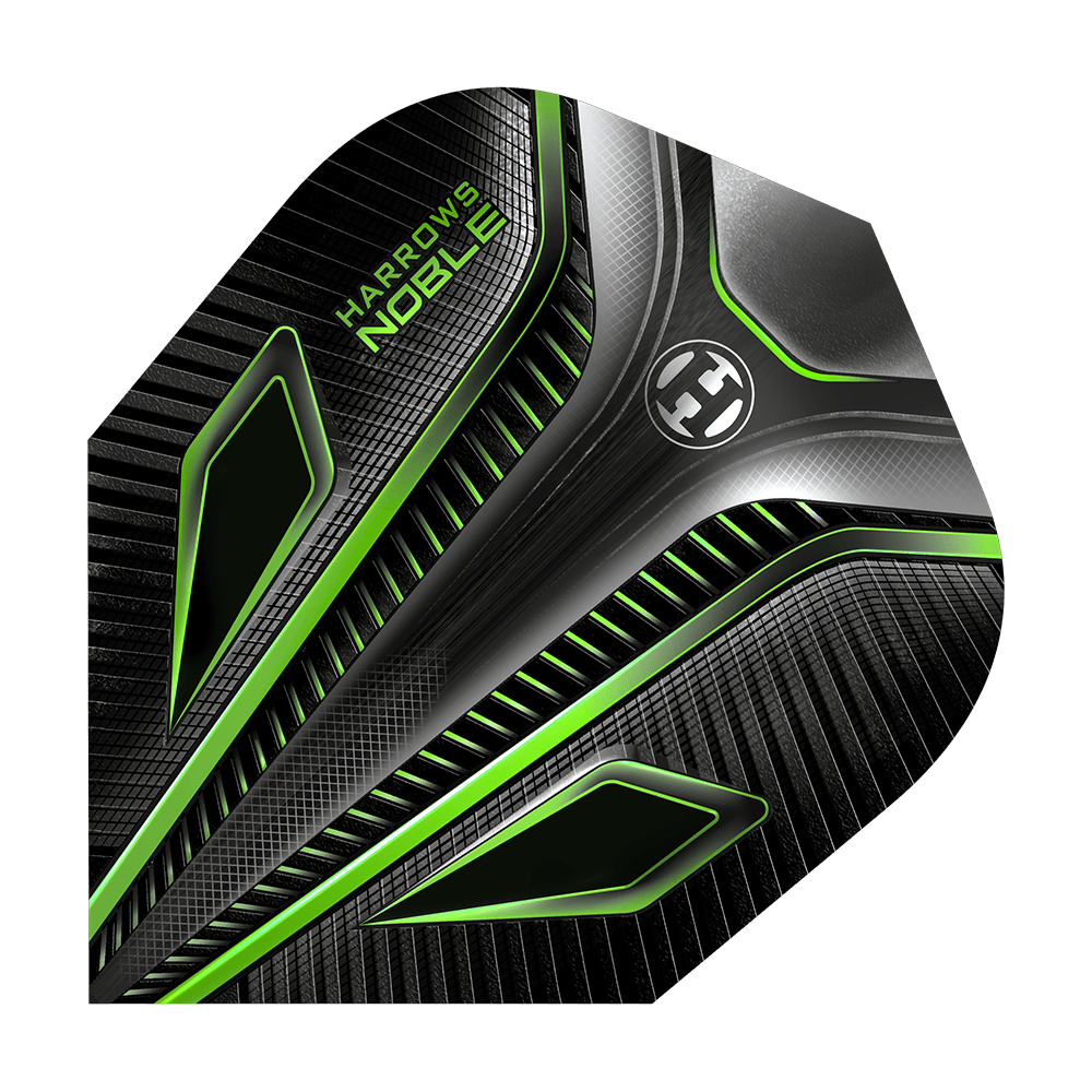 HR8_Harrows_Noble_Green_Standard_Flights_1NHftIOS72ZYpN Harrows Noble Standard Flights mit klarem Emblemmotiv. Sie liegen in einer Reihe und wirken hochwertig.
