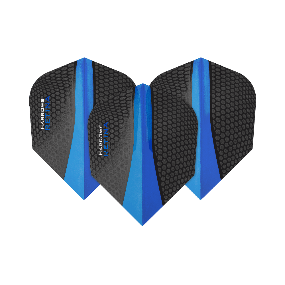 HR5510_Harrows_Retina_Blau_No2_Standard_Flights_1lDr1RrGfnau7Z Das Bild zeigt drei Harrows Retina Blau No6 Flights für Darts. Die Flights sind schwarz mit einem blauen Streifen und Wabenmuster gestaltet.