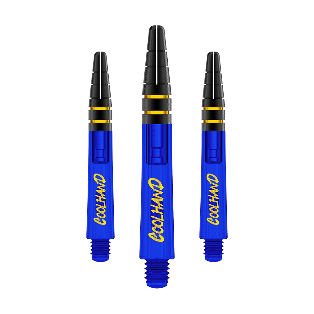 Tiges Red Dragon Nitrotech Luke Humphries Coolhand - Bleues Das Bild zeigt drei blaue Dartschäfte mit der gelben Aufschrift "COOLHAND". Die Schäfte haben schwarze und goldene Akzente am oberen Ende.