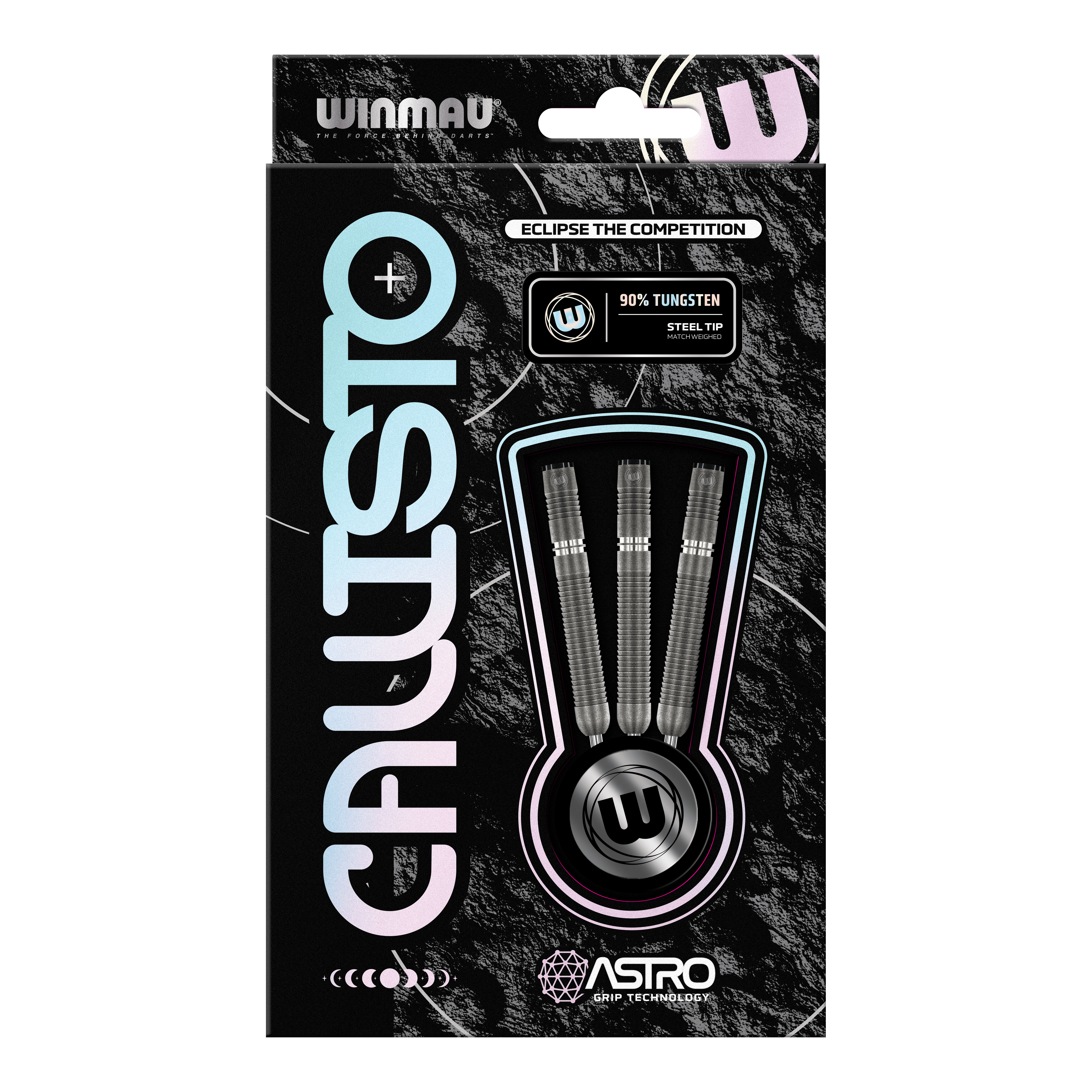 Fléchettes en acier Winmau Callisto 01 Das Bild zeigt eine Verpackung der "Winmau Callisto 01 Steeldarts". In der Mitte sind drei Darts mit Stahlspitze und 90% Tungsten-Anteil sichtbar.