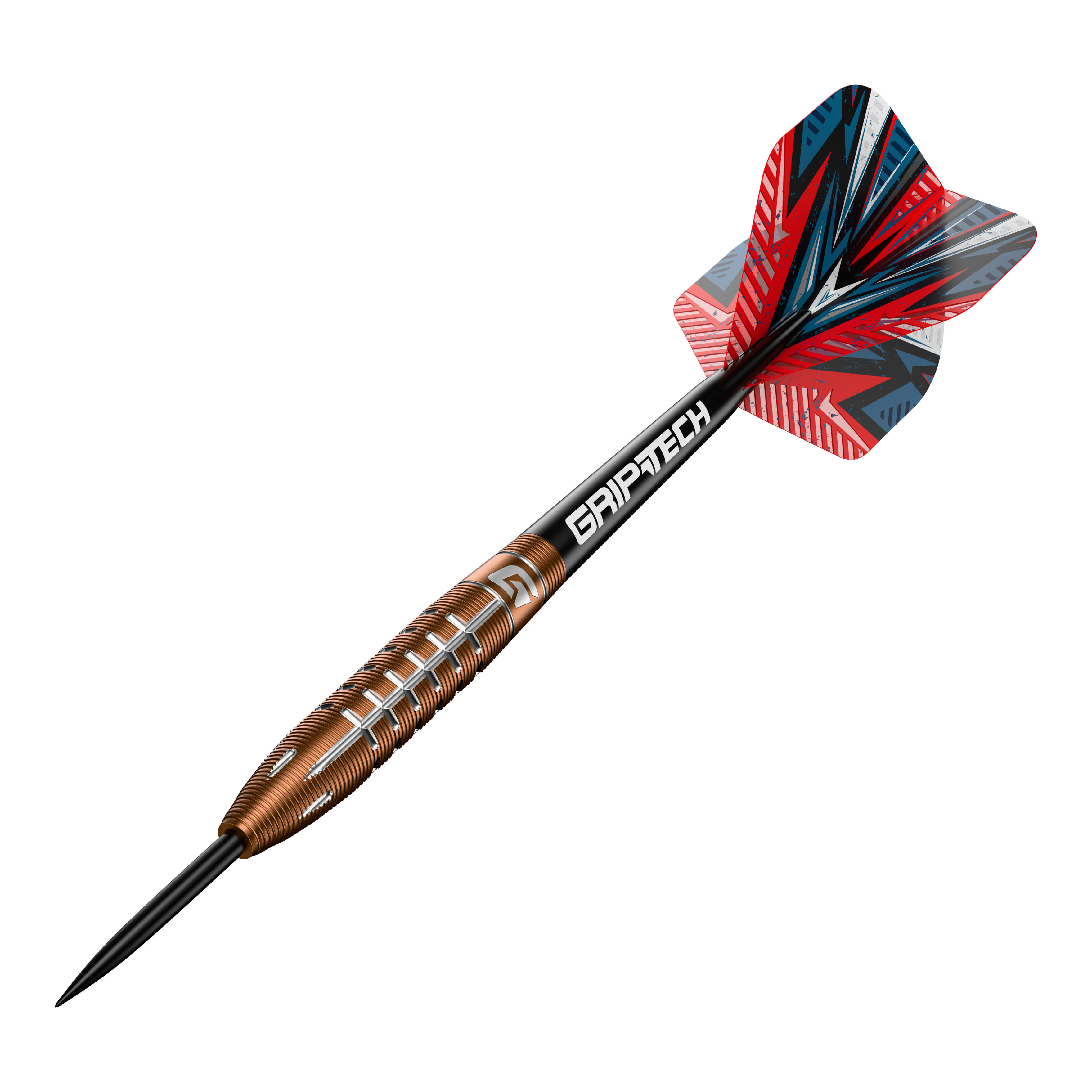 Fléchettes GOAT Quarterback V2 en acier tungstène - 24 g Das Bild zeigt einen Steeldart namens "GOAT Quarterback V2 Tungsten" mit einem Gewicht von 24 Gramm. Der Dart hat ein auffälliges Design mit roten, schwarzen und silbernen Akzenten sowie dem Schriftzug "GRIPTECH" auf dem Schaft.