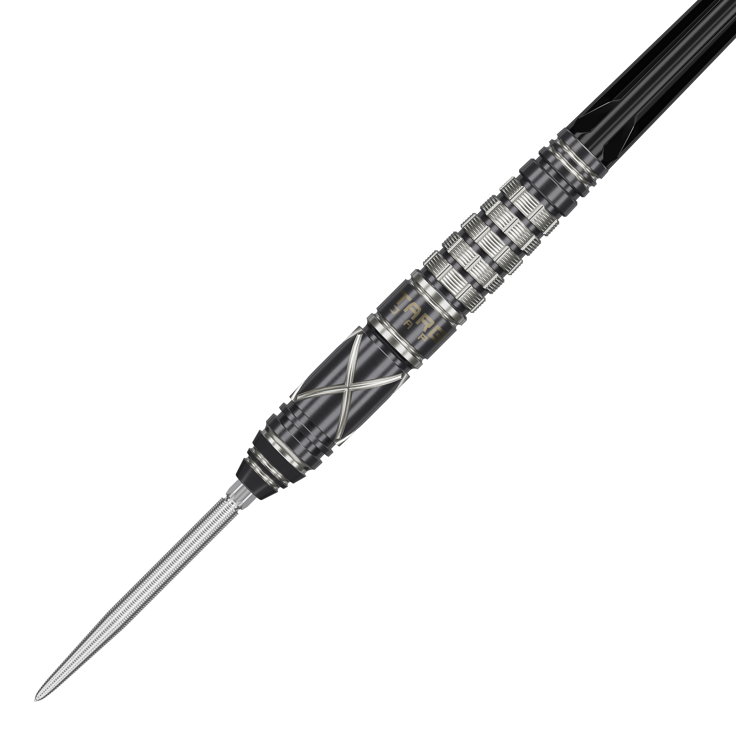 Fléchettes en acier Target Japan Black Marque Chaos 2 SP Das Bild zeigt den Target Japan Black Marque Chaos 2 SP Steeldart. Der Dart hat ein elegantes, schwarzes Design mit silbernen Akzenten und feinen Rillen für besseren Halt.