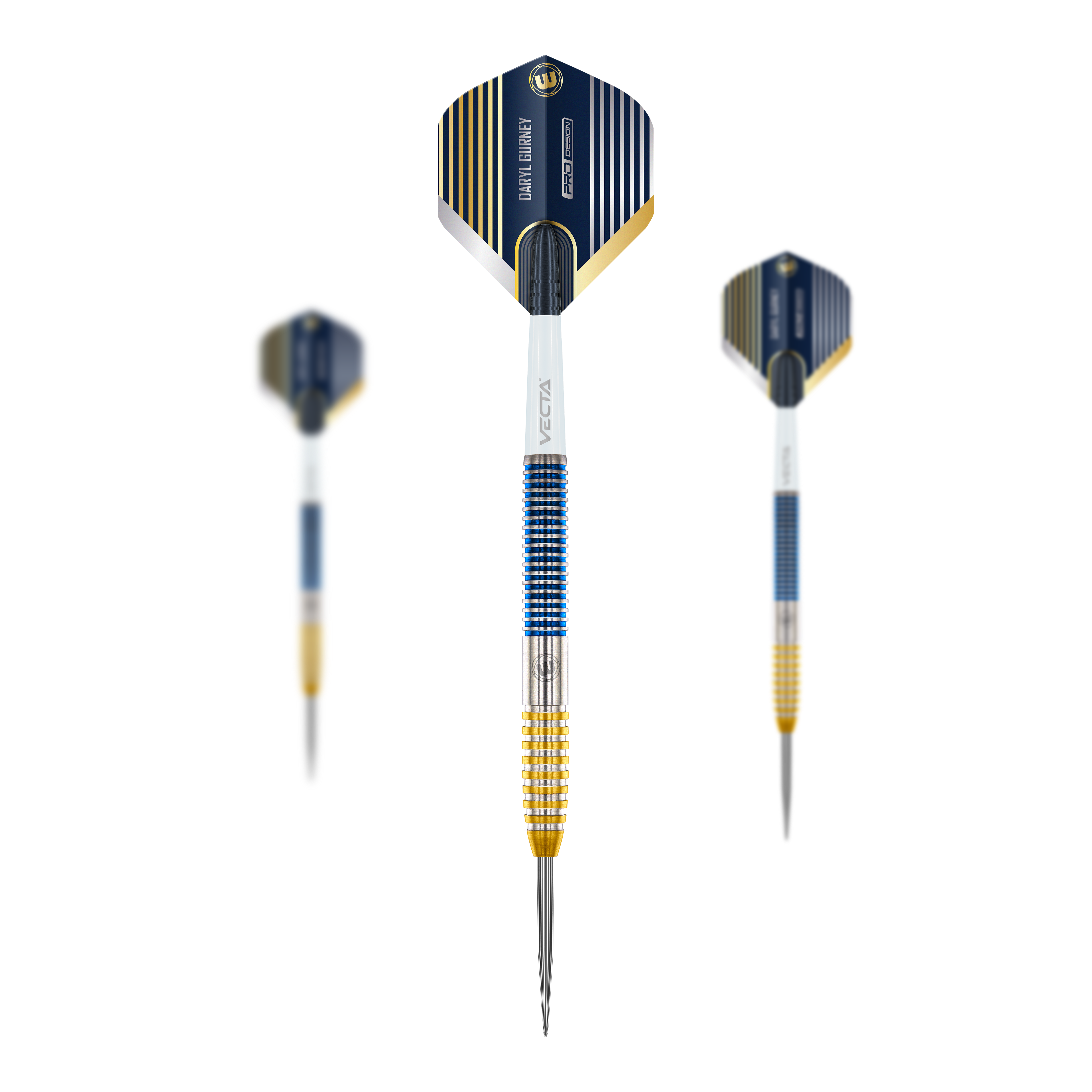 Fléchettes Winmau Daryl Gurney SC 1.0 Series - 23 g Das Bild zeigt die Winmau Daryl Gurney SC 1.0 Series Steeldarts mit einem Gewicht von 23g. Die Darts haben ein modernes Design mit blauen, goldenen und silbernen Akzenten.