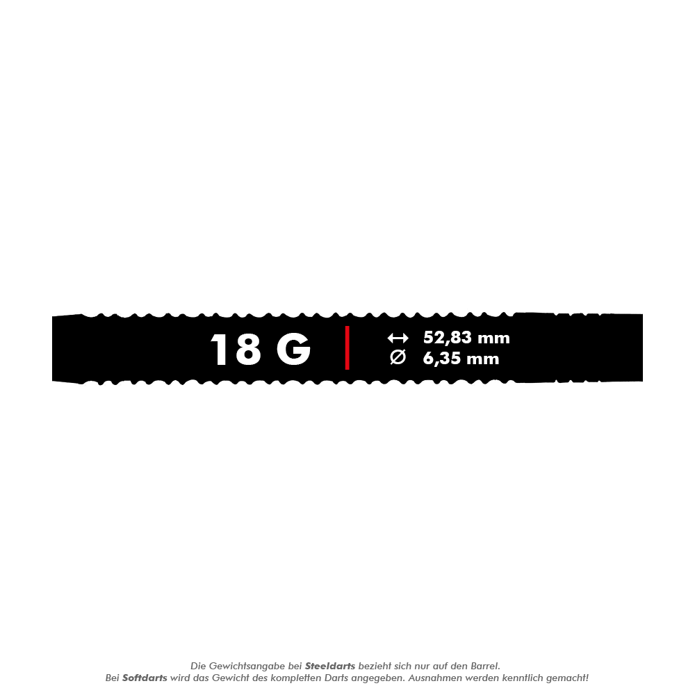 04188_Unicorn_World_Champion_Natural_Phase_3_Gary_Anderson_Softdarts_5_18g Das Bild zeigt die Angaben für das Produkt "Unicorn World Champion Natural Phase 3 Gary Anderson Softdarts - 18g". Es wiegt 18 Gramm, ist 52,83 mm lang und hat einen Durchmesser von 6,35 mm.