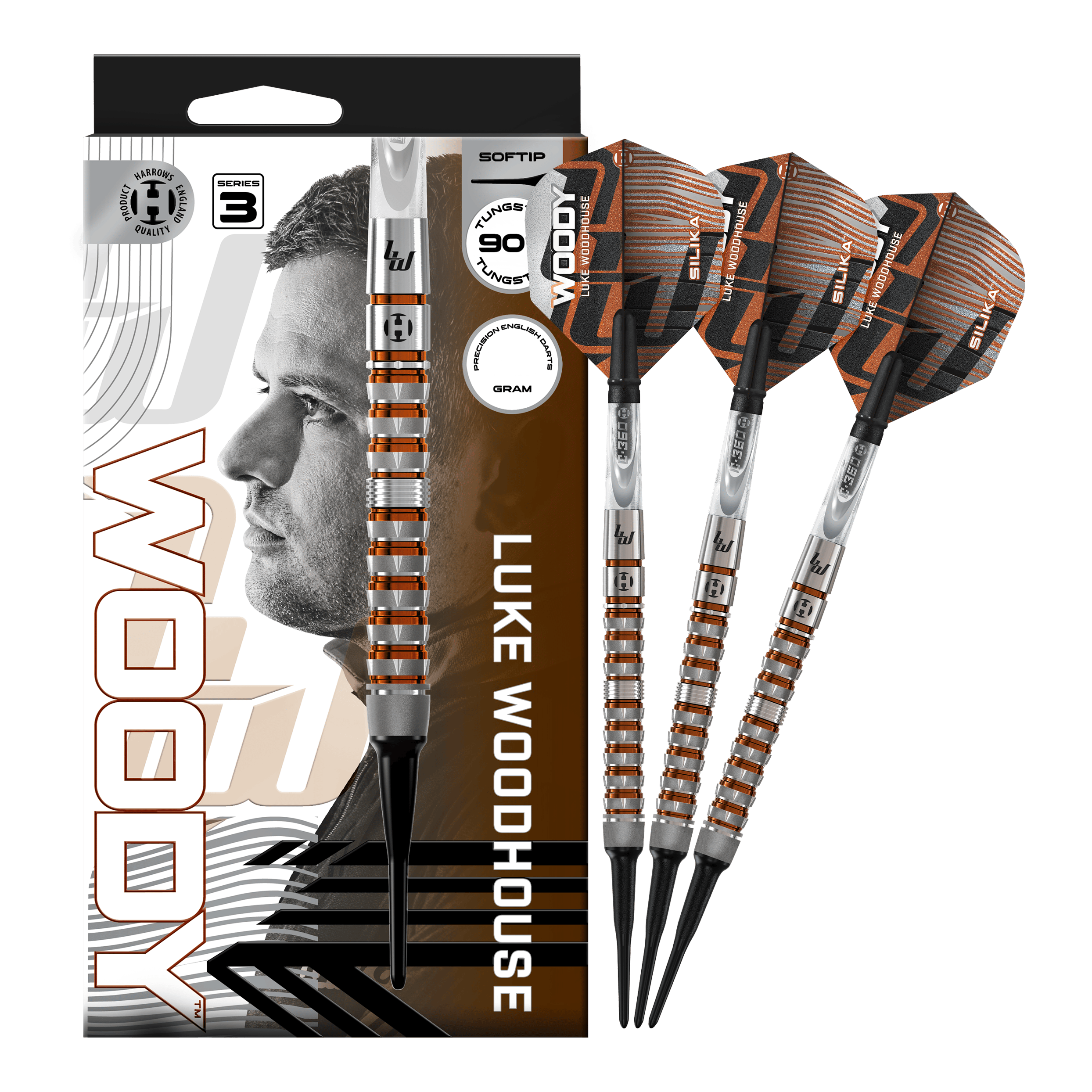 Fléchettes souples Luke Woodhouse série 3 de Harrow - 18 g Abbildung der Harrows Luke Woodhouse Series 3 Softdarts - 18g. Die Darts werden vollständig dargestellt.
