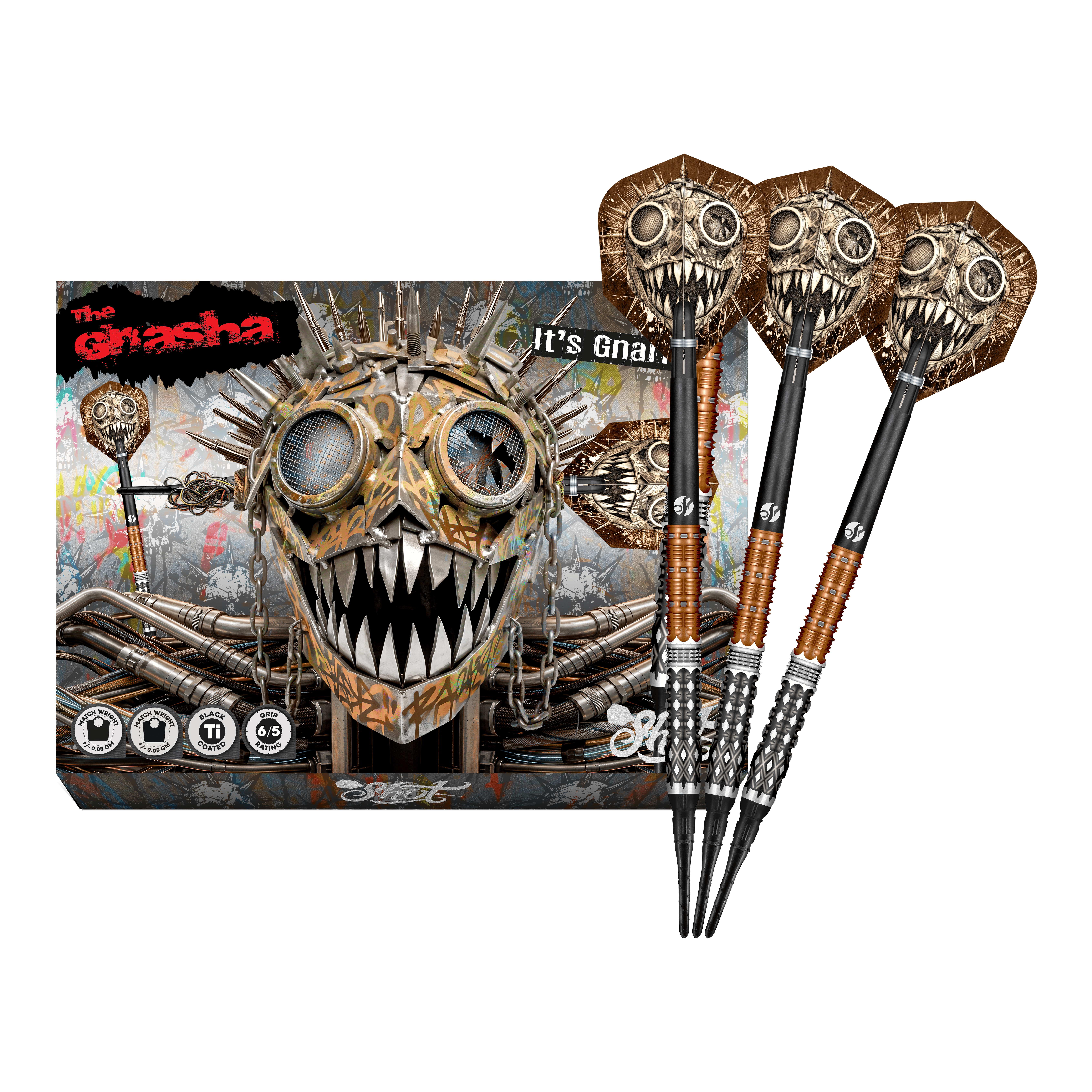 Fléchettes souples Shot Gnarly Gnasha - 20 g Das Foto zeigt die vollständigen Shot Gnarly Gnasha Softdarts - 20g. Diese Softdarts zeichnen sich durch ein modernes Design aus.