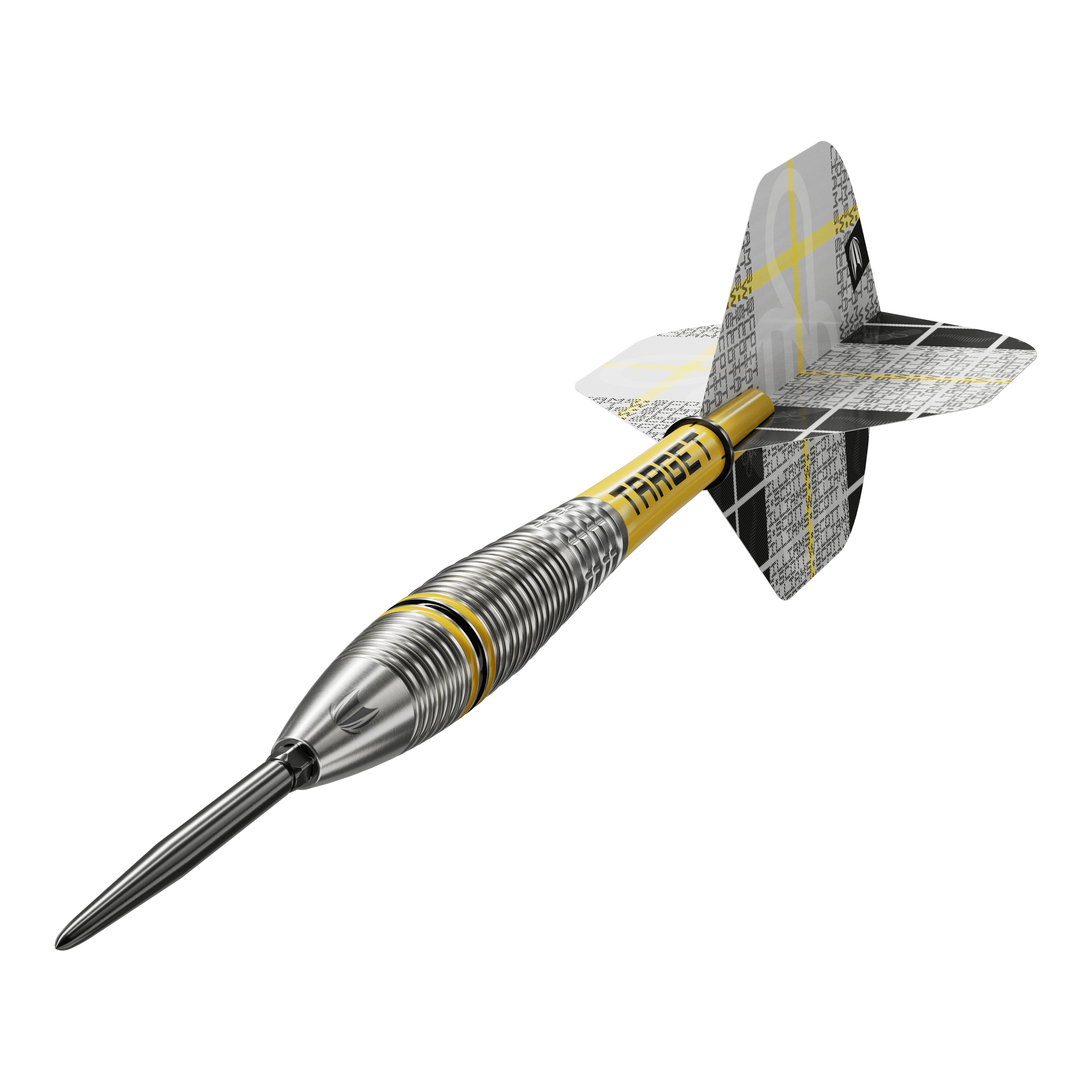 Fléchettes en acier Target Scott Williams GEN2 Swiss Point Auf dem Bild ist ein Target Scott Williams GEN2 Swiss Point Steeldart zu sehen. Der Dartpfeil hat ein silbernes, geriffeltes Barrel und gelbe Akzente sowie moderne Flights.