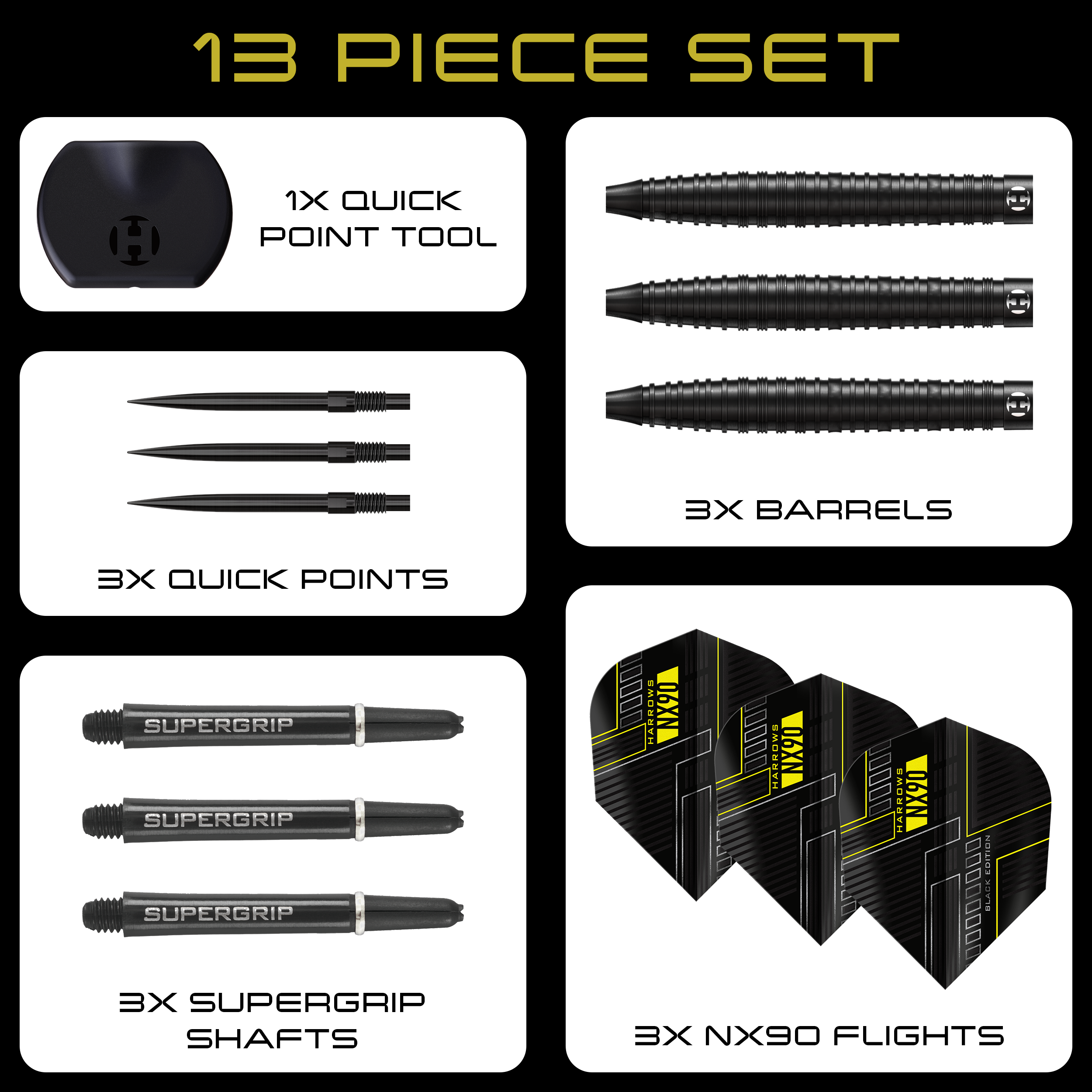 Fléchettes en acier Harrows NX90 Black Edition à pointe rapide conique Hier zu sehen sind die Harrows NX90 Black Edition Tapered Quick Point Steeldarts. Die Darts sind schmal zulaufend und haben eine schwarze Oberfläche.
