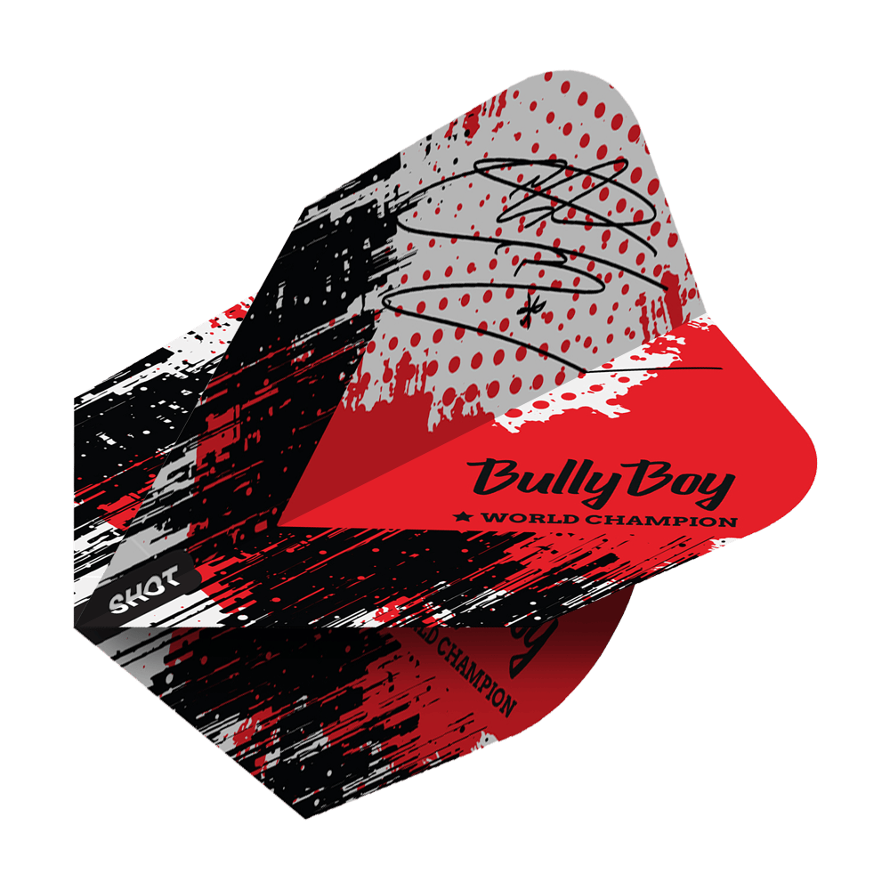 Shot Michael Smith Bully Boy Jour de match n°6 Vols Das Bild zeigt die "Shot Michael Smith Bully Boy Game Day No6 Flights" mit einem rot-schwarzen Design und Unterschrift. Auf dem Flight steht "Bully Boy World Champion" und das Shot-Logo ist sichtbar.
