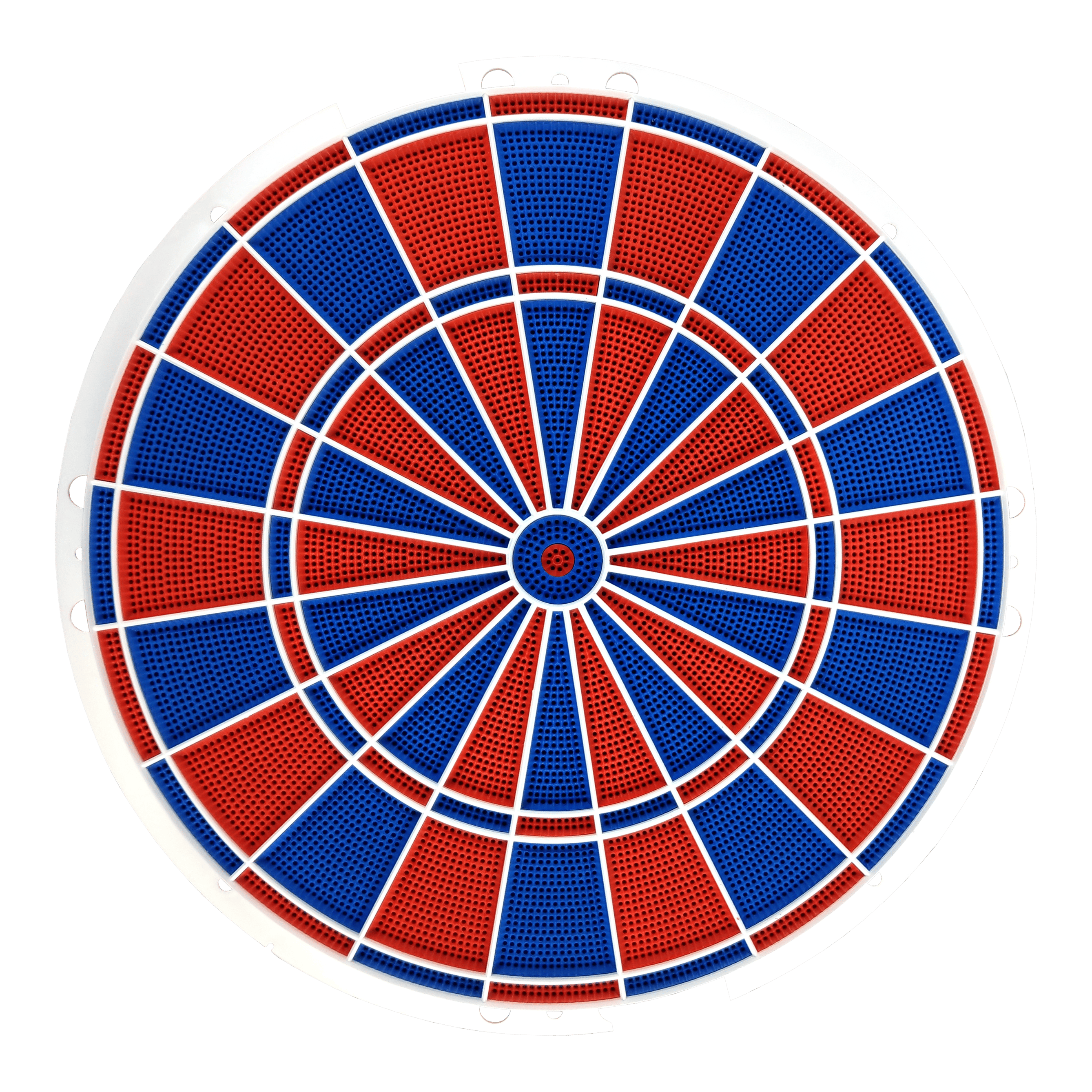 Pièce de rechange pour Karella E-Master Das Bild zeigt eine runde Dartscheibe mit abwechselnd roten und blauen Segmenten. Die Segmente sind durch weiße Linien getrennt und die Scheibe hat einen weißen Rahmen.