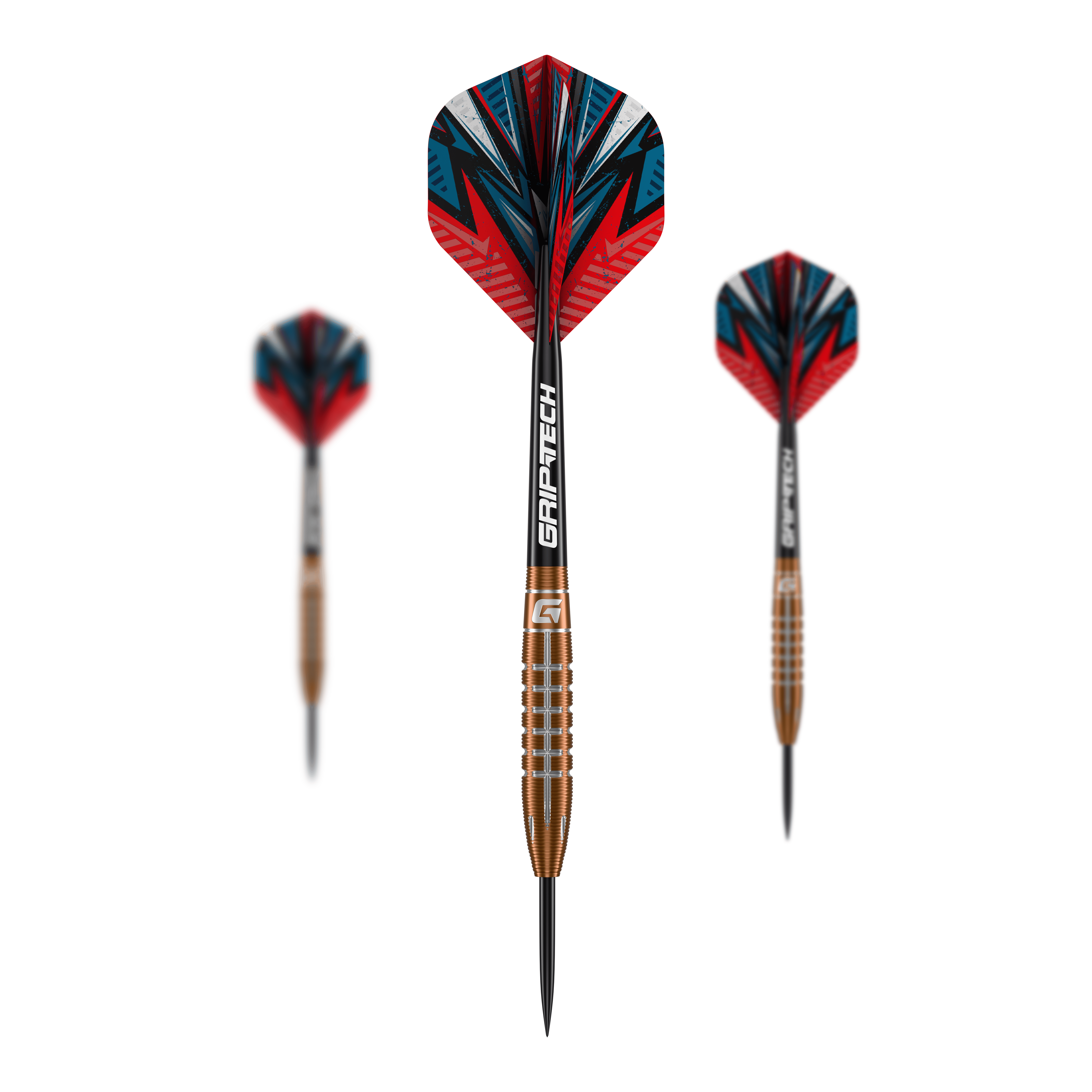 Fléchettes GOAT Quarterback V2 en acier tungstène - 24 g Das Bild zeigt drei GOAT Quarterback V2 Tungsten Steeldarts mit einem Gewicht von 24g. Die Darts haben ein auffälliges, rot-blaues Design und sind mit GRIP-TECH-Schäften ausgestattet.