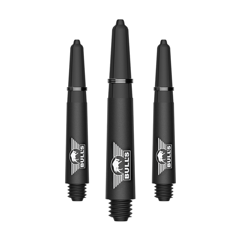 Tiges en carbone Bulls NL Capo - Noires Ein Bild mit dem Dateinamen BU55340_BullsNL_Capo_Carbon_Shafts_Schwarz_Short_34mm_1Set. Es handelt sich vermutlich um ein Set aus kurzen schwarzen Carbon-Shafts für Darts.