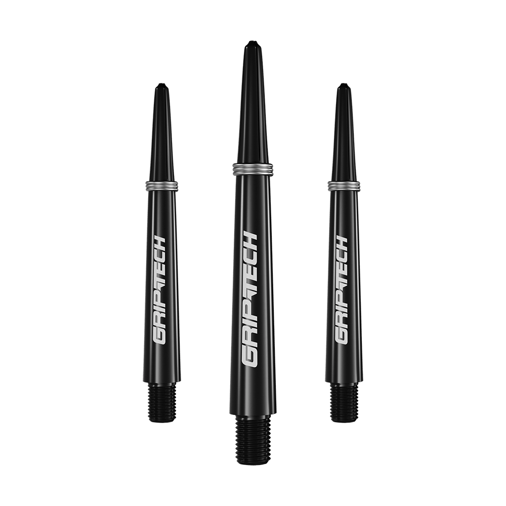 Tiges GOAT Griptech - Noires Das Bild zeigt drei schwarze Dart-Schäfte mit der Aufschrift "GRIPTECH" in weißer Farbe. Sie sind schlank geformt und haben silberne Ringe am oberen Ende.