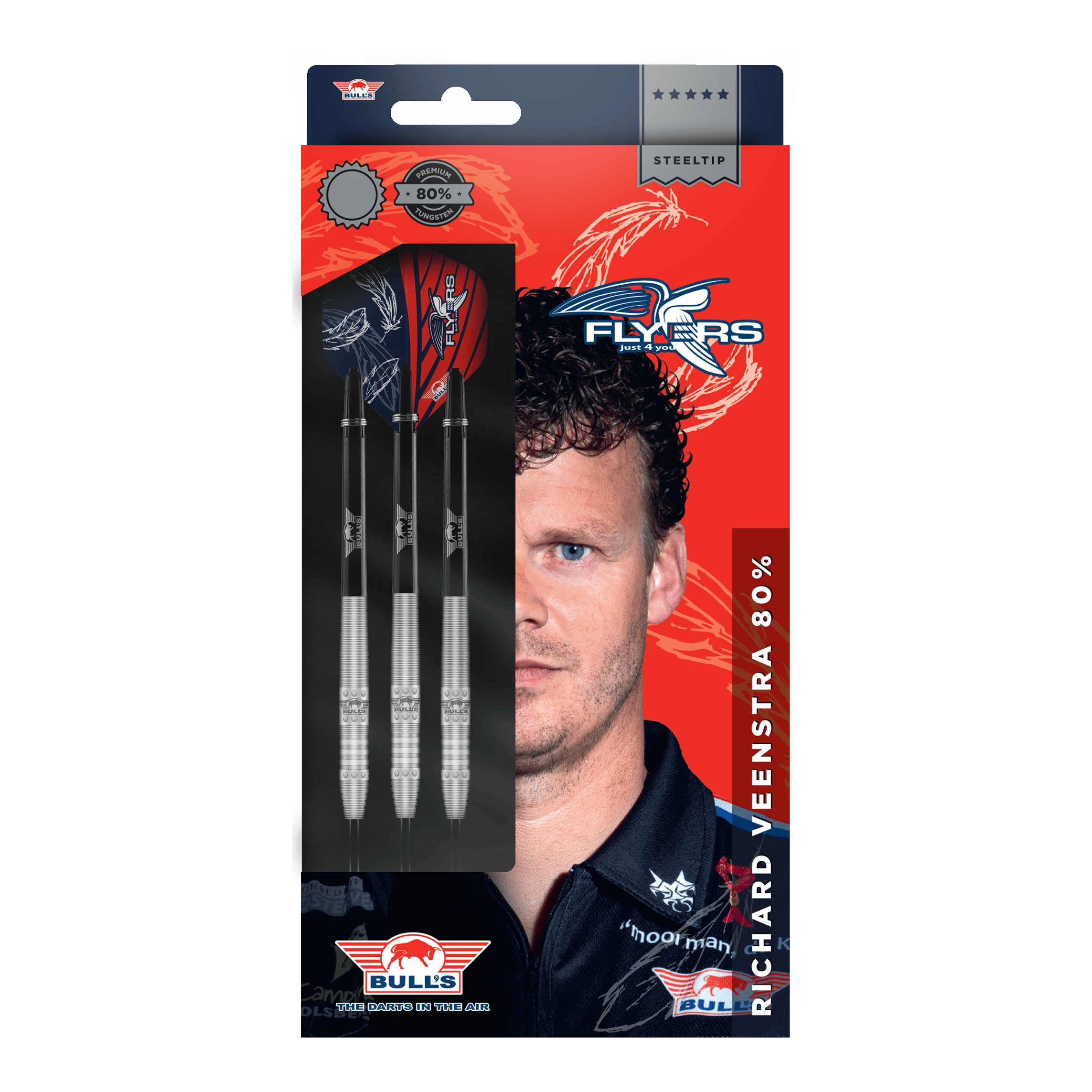 Bulls NL Richard Veenstra 80 fléchettes en acier - 23g Die Verpackung zeigt die "Bulls NL Richard Veenstra 80 Steeldarts - 23g". Auf der Vorderseite sind drei Darts und das Porträt eines Mannes abgebildet.