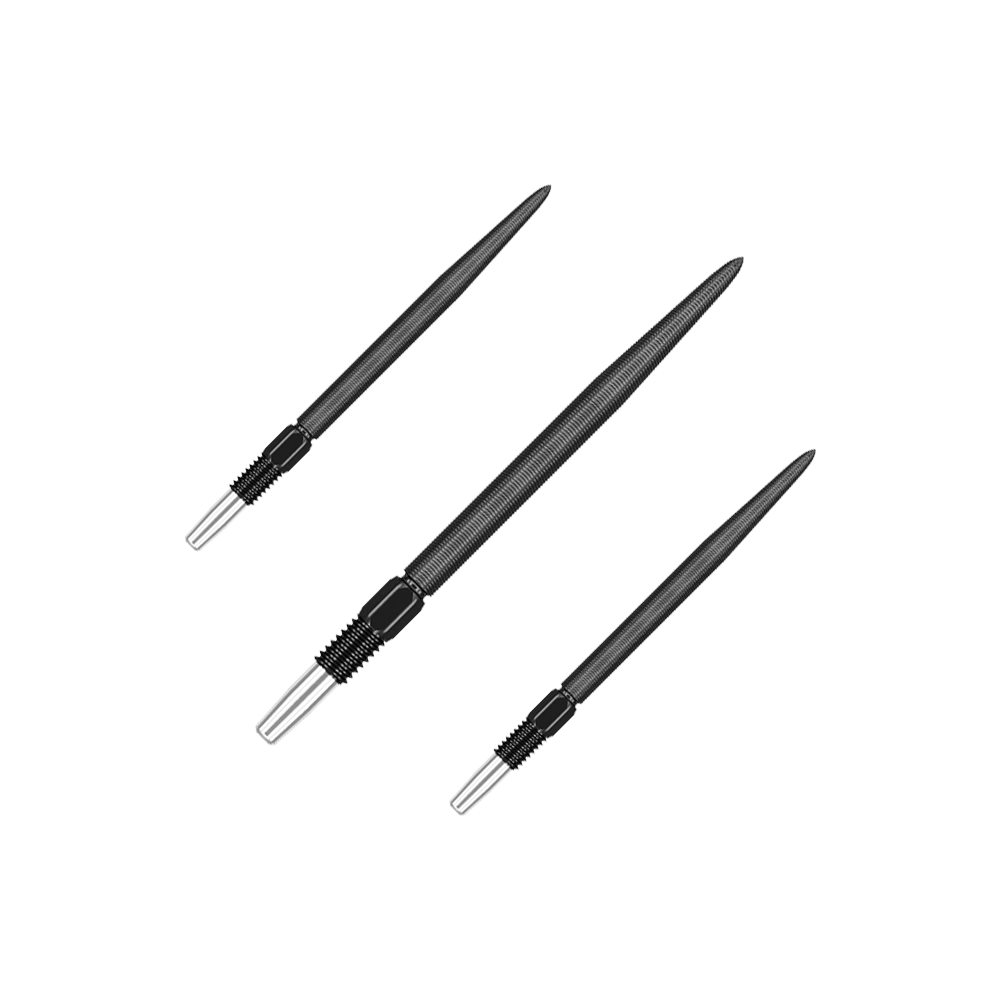 Target Swiss Point Nano Dartspitzen - Black Auf dem Bild sind drei schwarze Dartspitzen abgebildet. Sie sind lang und haben am Ende ein silbernes Gewinde.